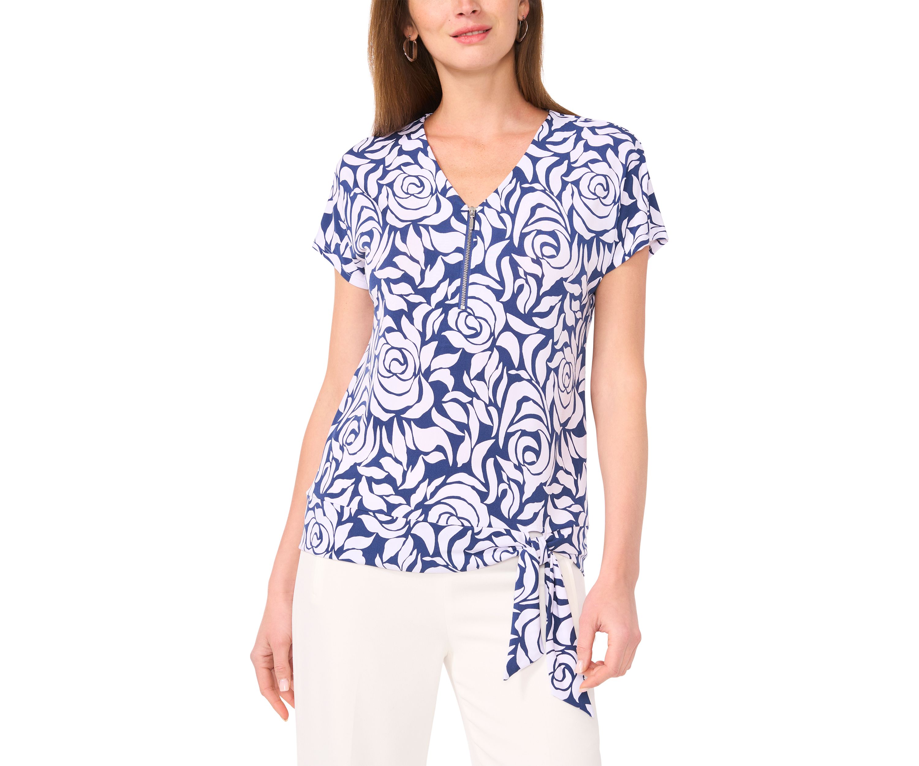 Womens Short Sleeve Zip Front Tie Hem Top
