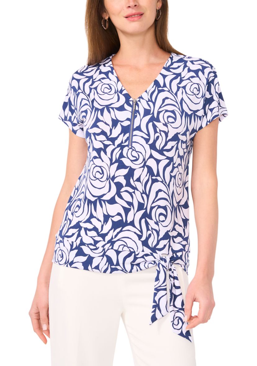 Womens Short Sleeve Zip Front Tie Hem Top