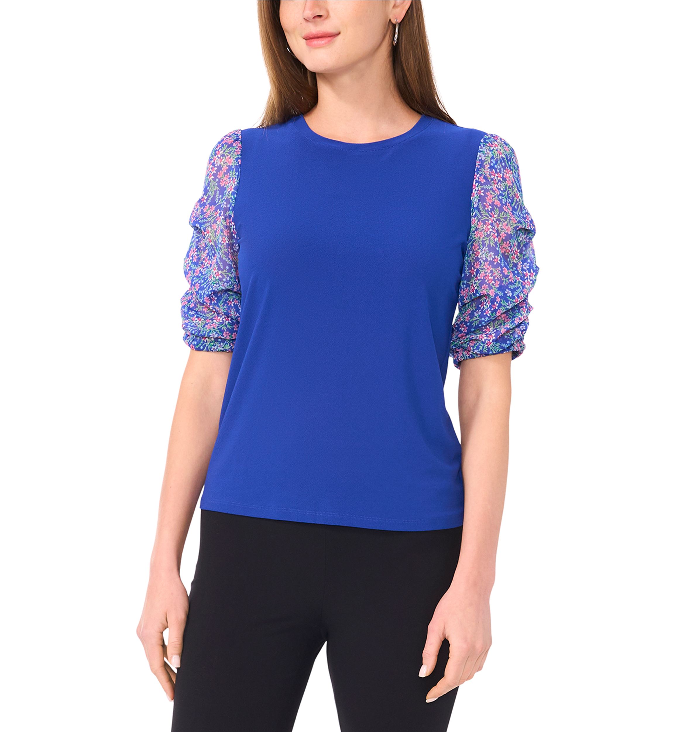 Womens Short Ruched Sleeve Printed Top 