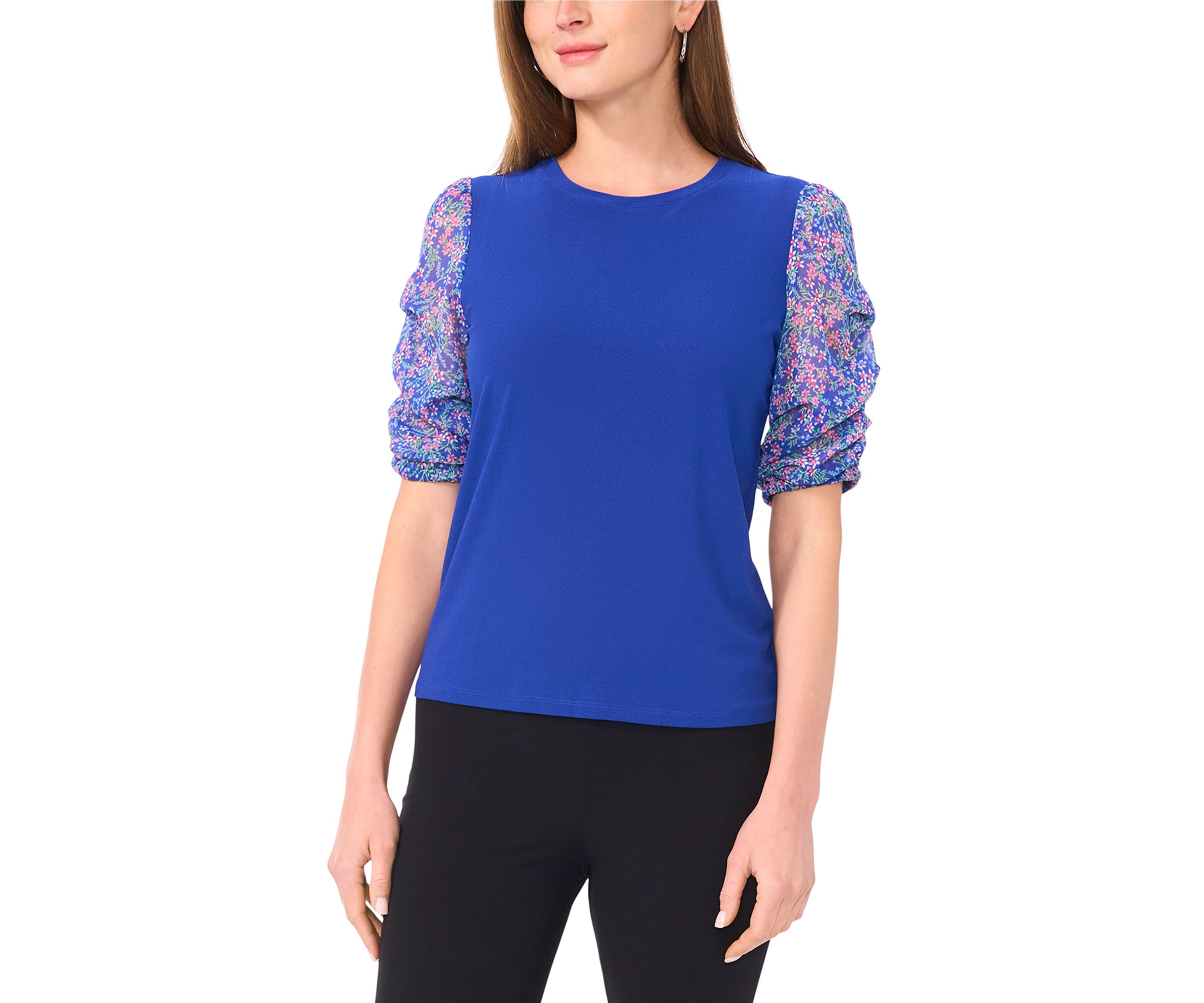 Womens Short Ruched Sleeve Printed Top 