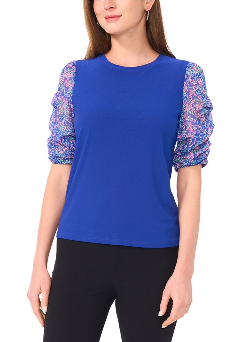 Womens Short Ruched Sleeve Printed Top 