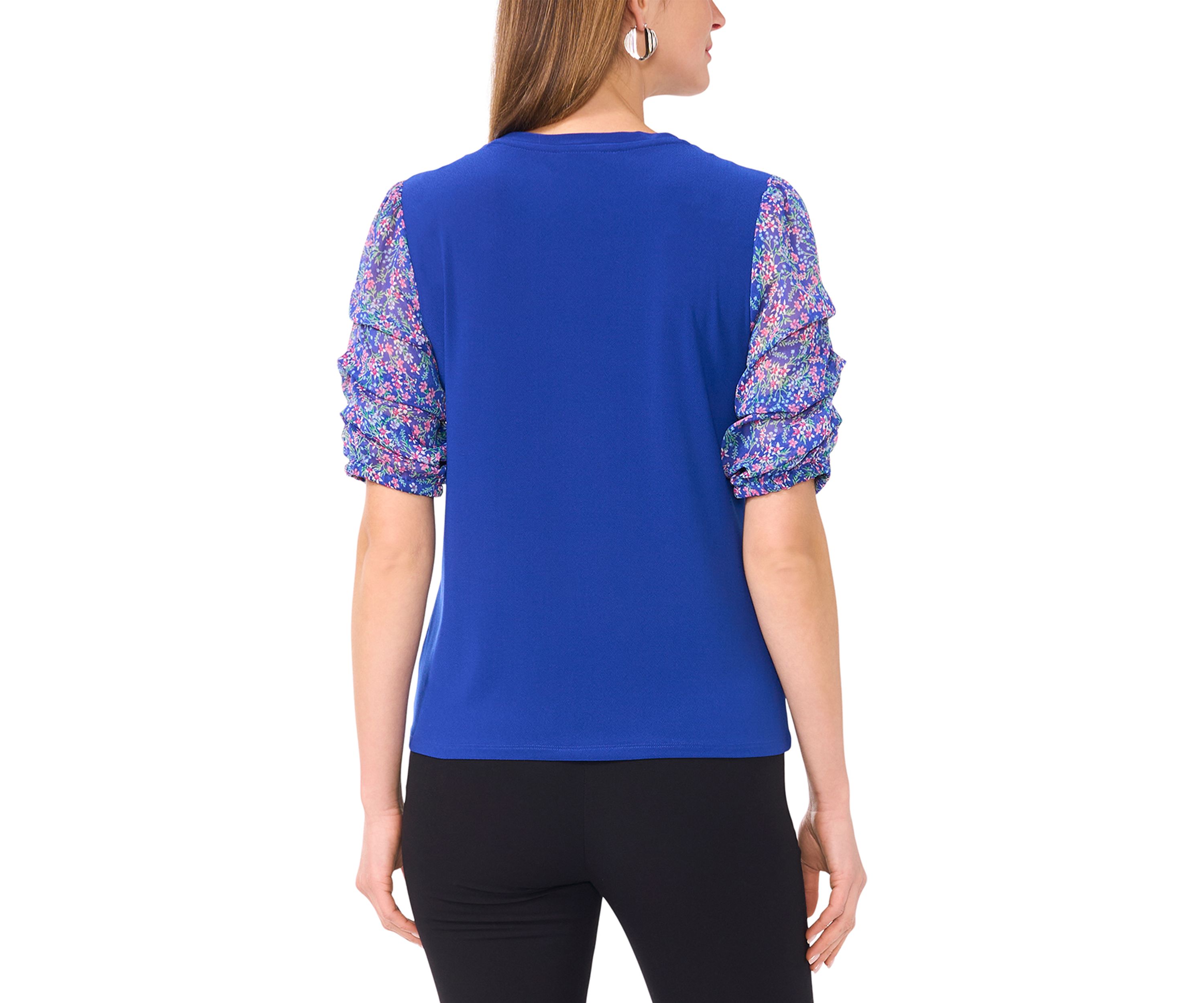 Womens Short Ruched Sleeve Printed Top 