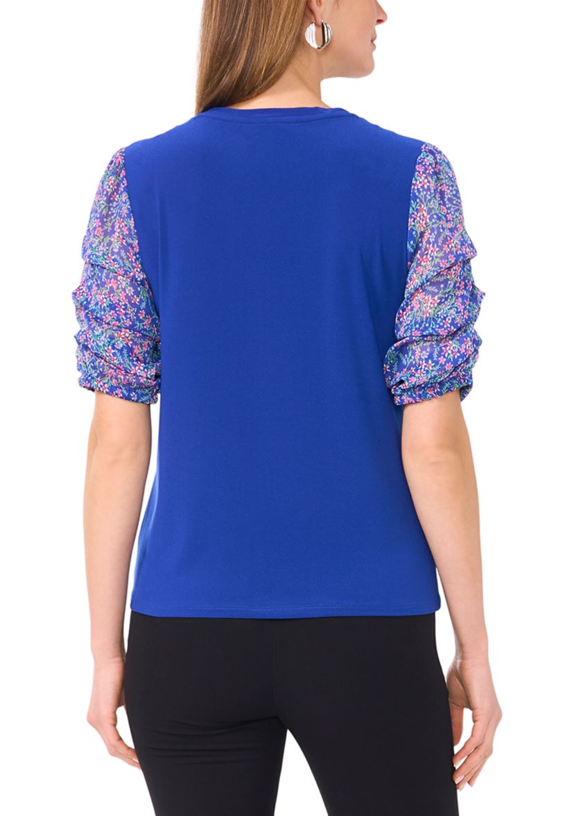 Womens Short Ruched Sleeve Printed Top 