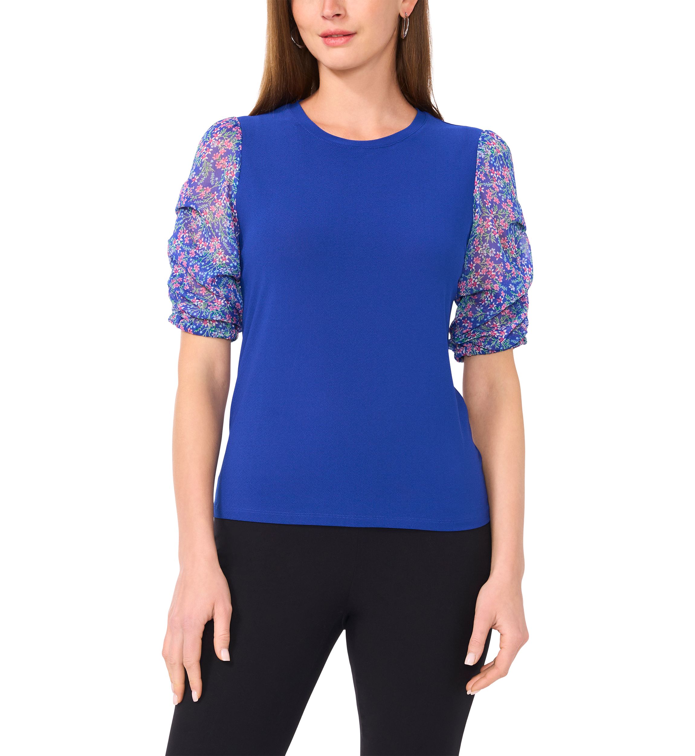 Womens Short Ruched Sleeve Printed Top 