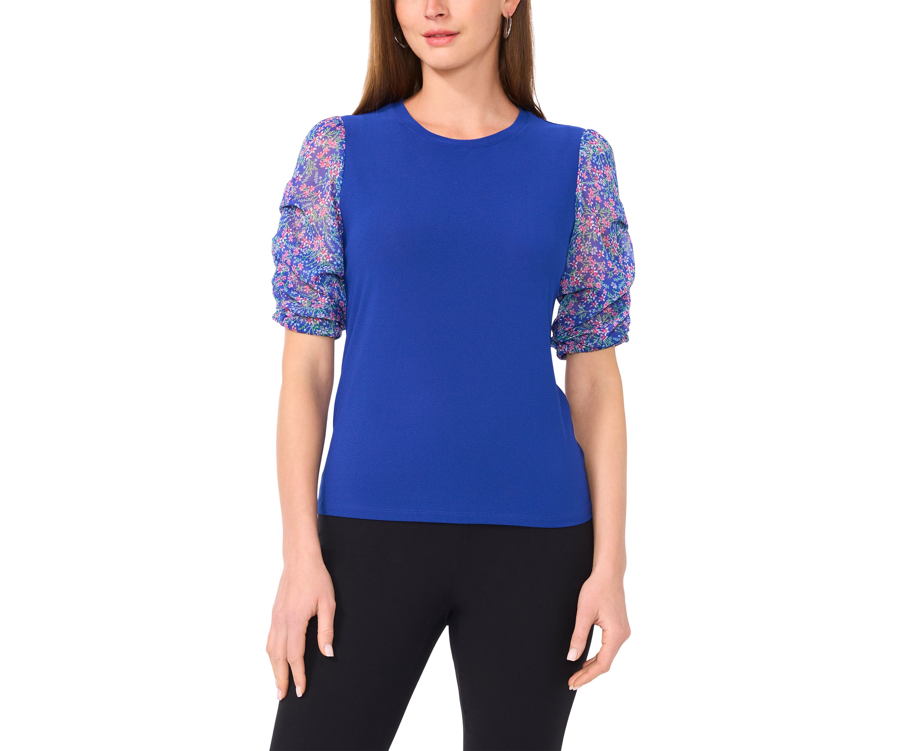 Womens Short Ruched Sleeve Printed Top 