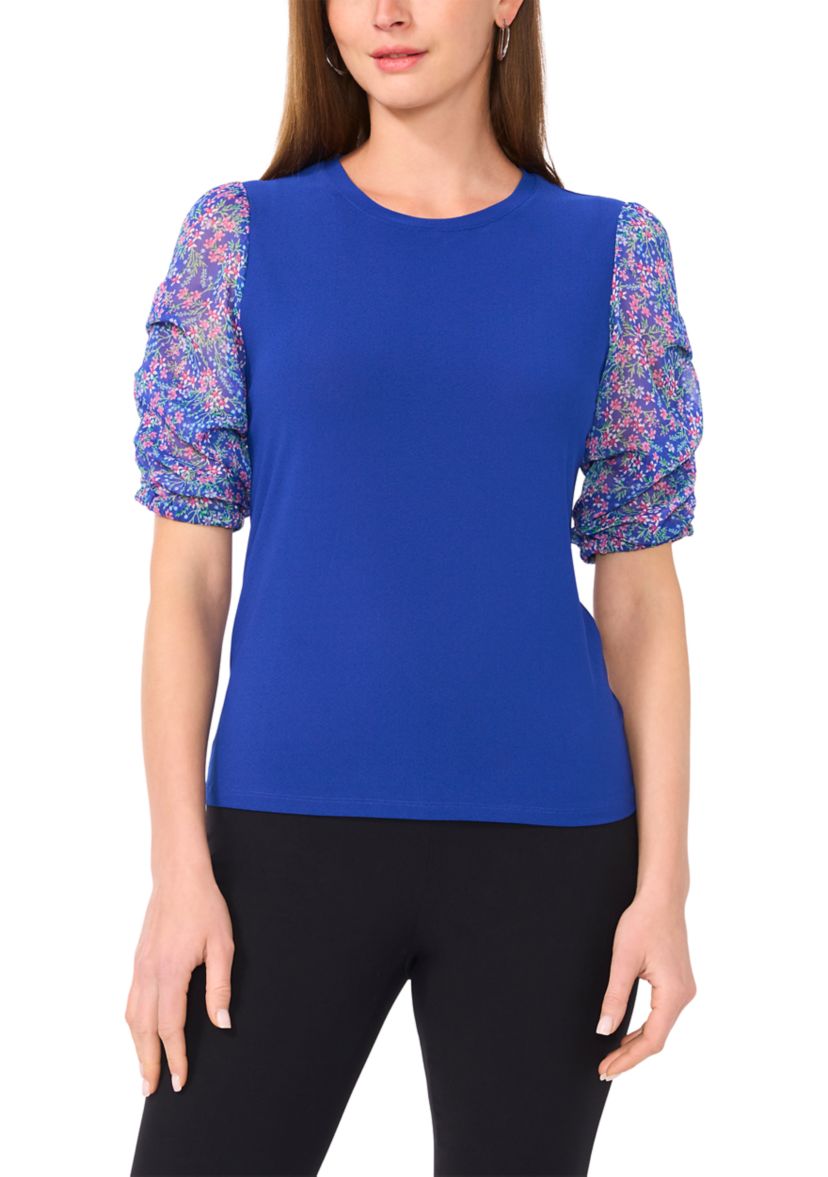 Womens Short Ruched Sleeve Printed Top 
