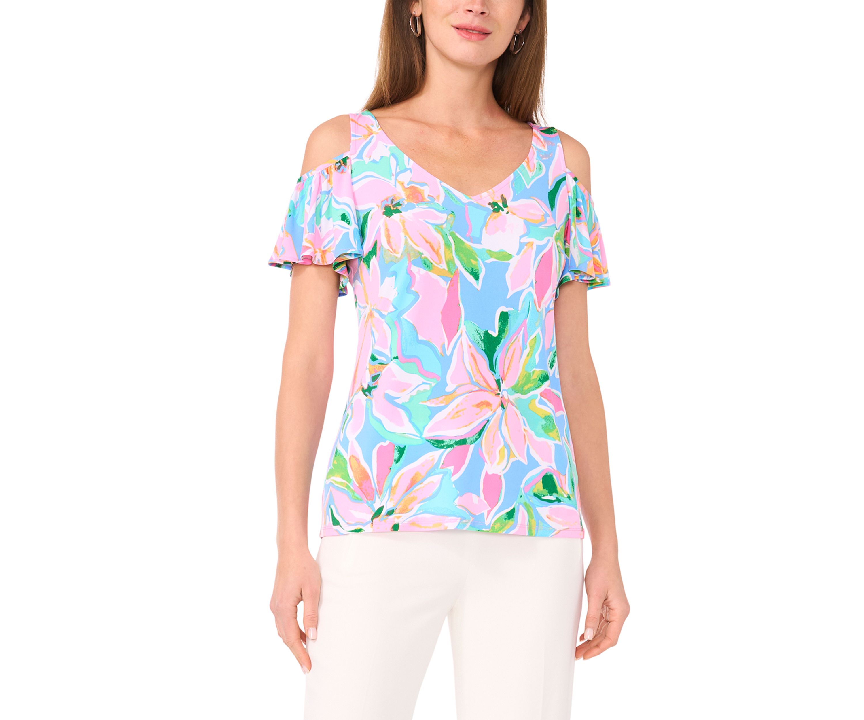 Womens Cold Shoulder Flutter Sleeve Top