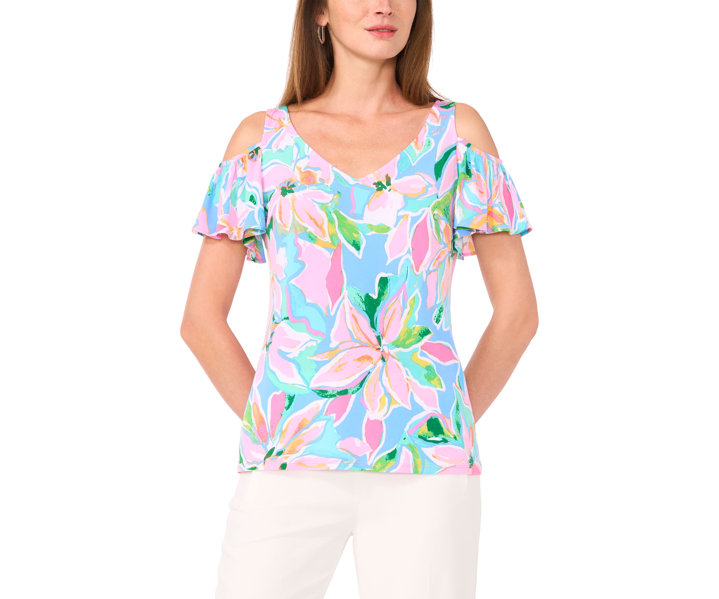 Womens Cold Shoulder Flutter Sleeve Top