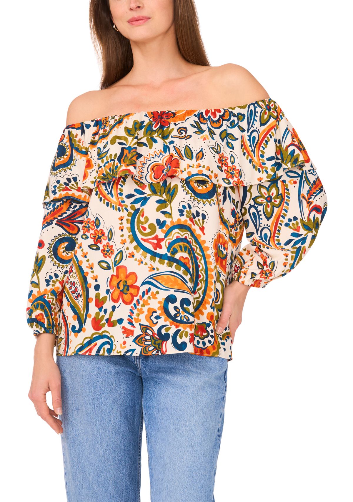 Womens 3/4 Sleeve Off the Shoulder Printed Top