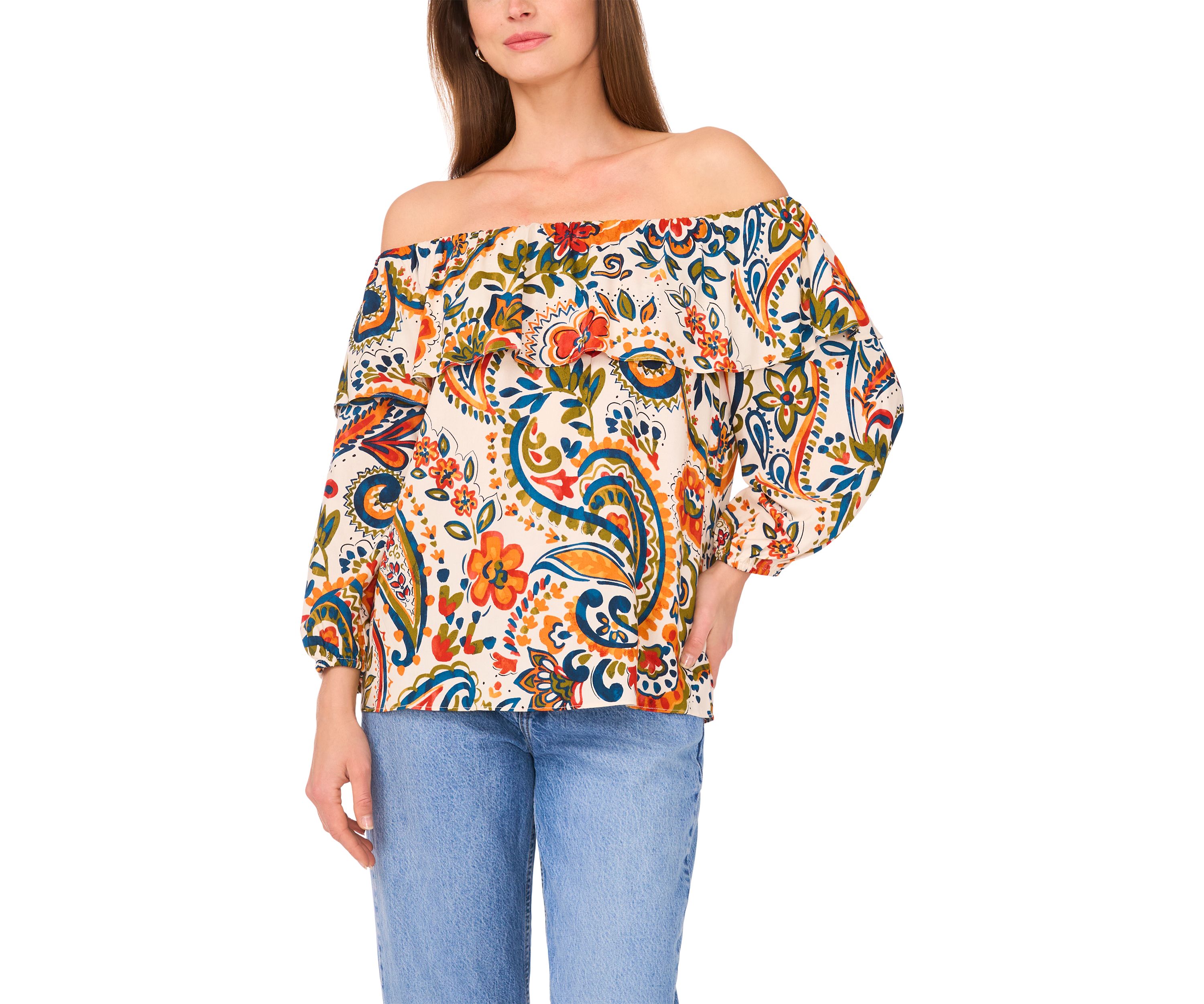 Womens 3/4 Sleeve Off the Shoulder Printed Top