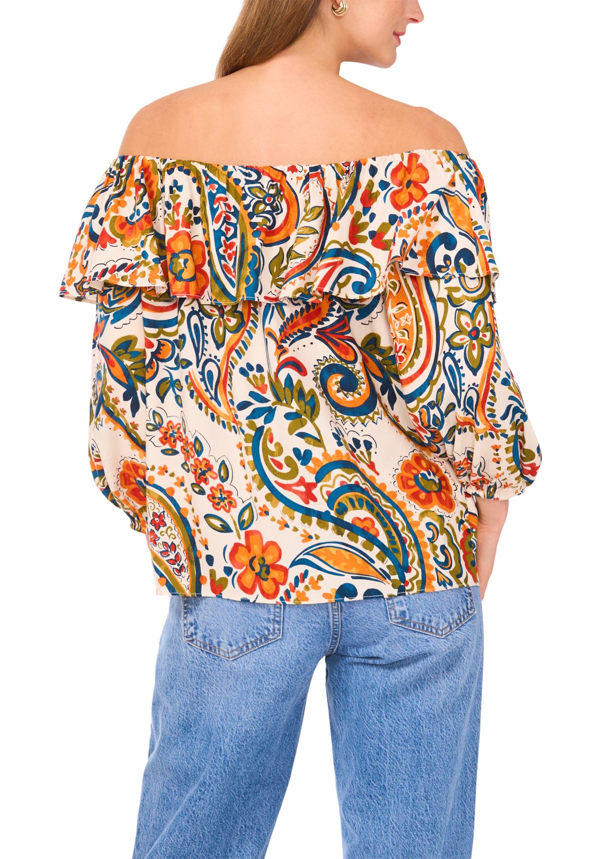 Womens 3/4 Sleeve Off the Shoulder Printed Top