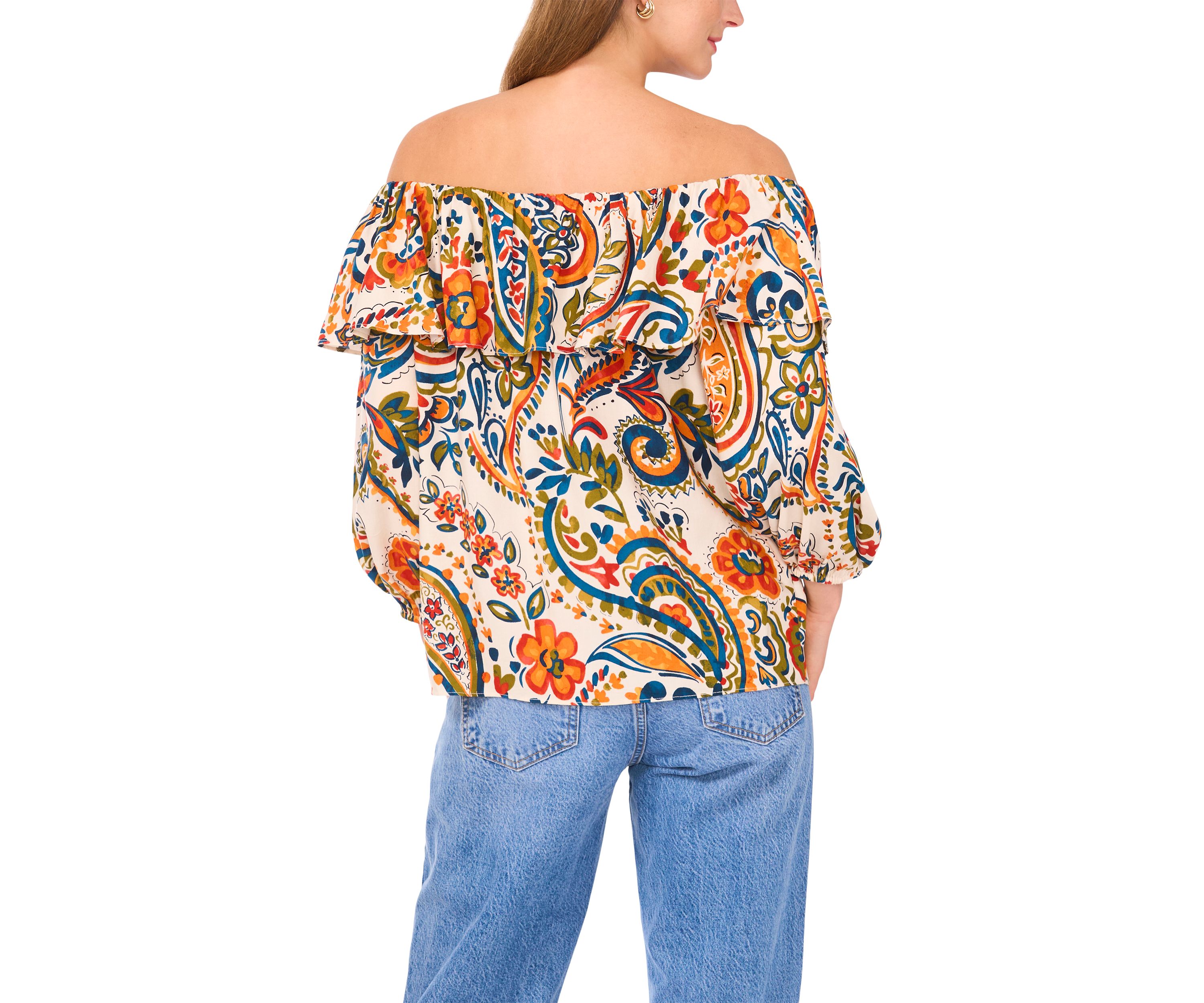 Womens 3/4 Sleeve Off the Shoulder Printed Top
