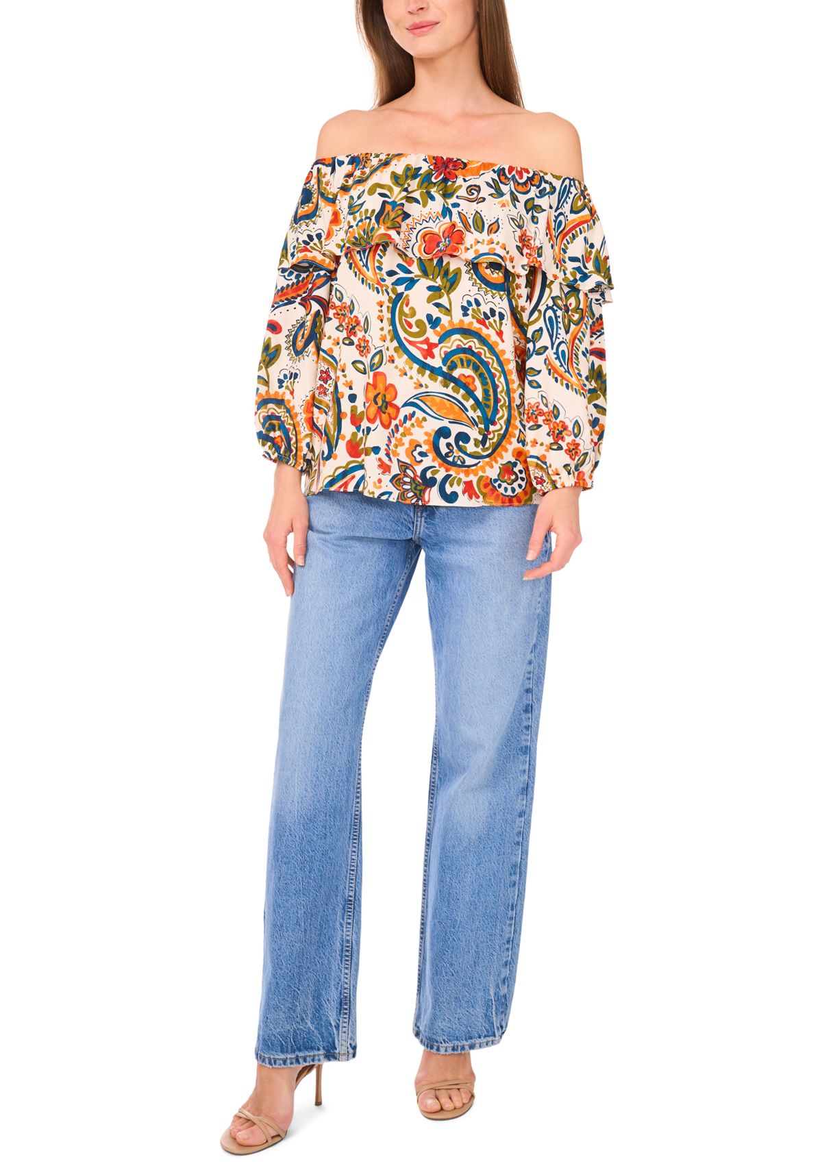 Womens 3/4 Sleeve Off the Shoulder Printed Top