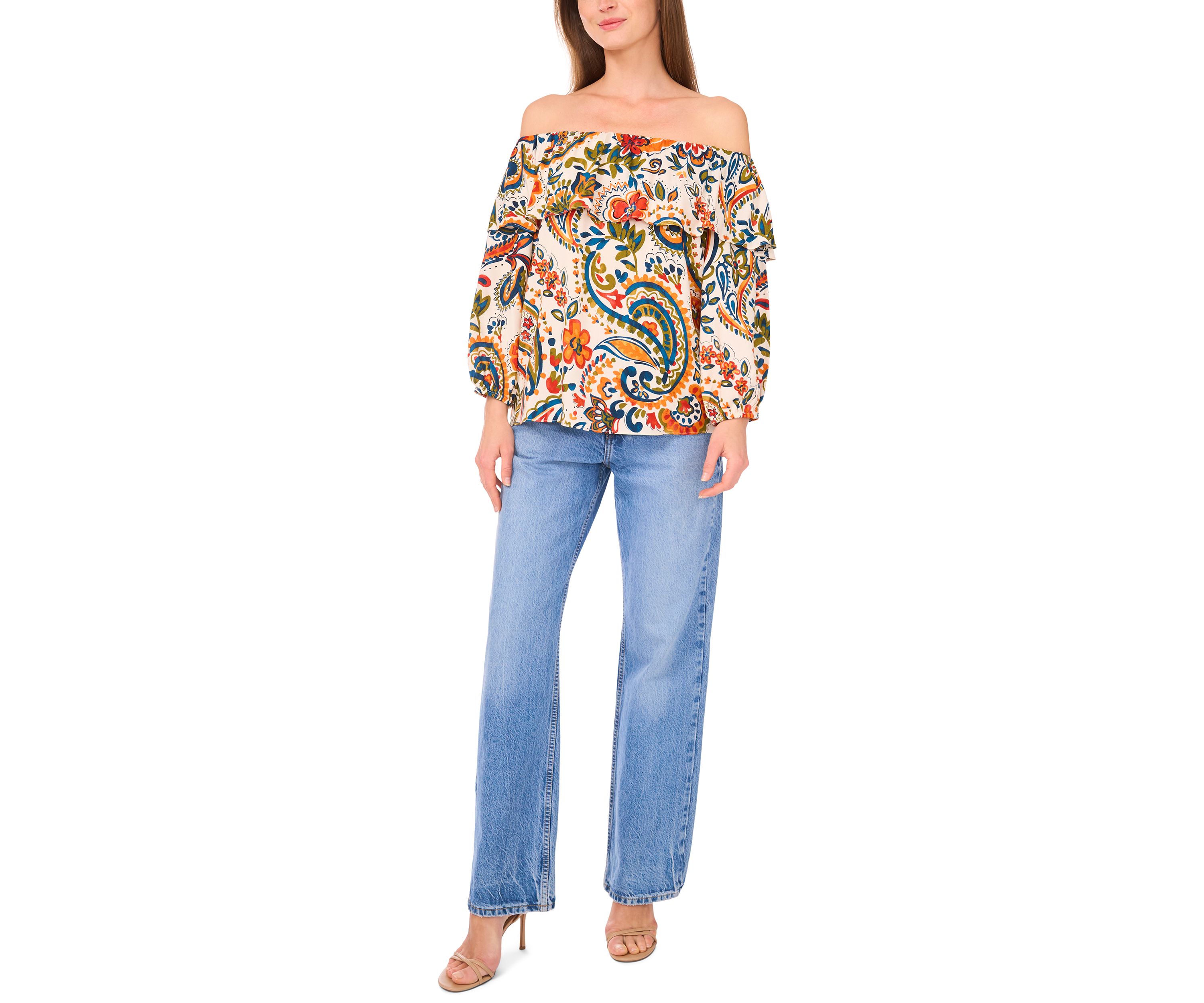 Womens 3/4 Sleeve Off the Shoulder Printed Top