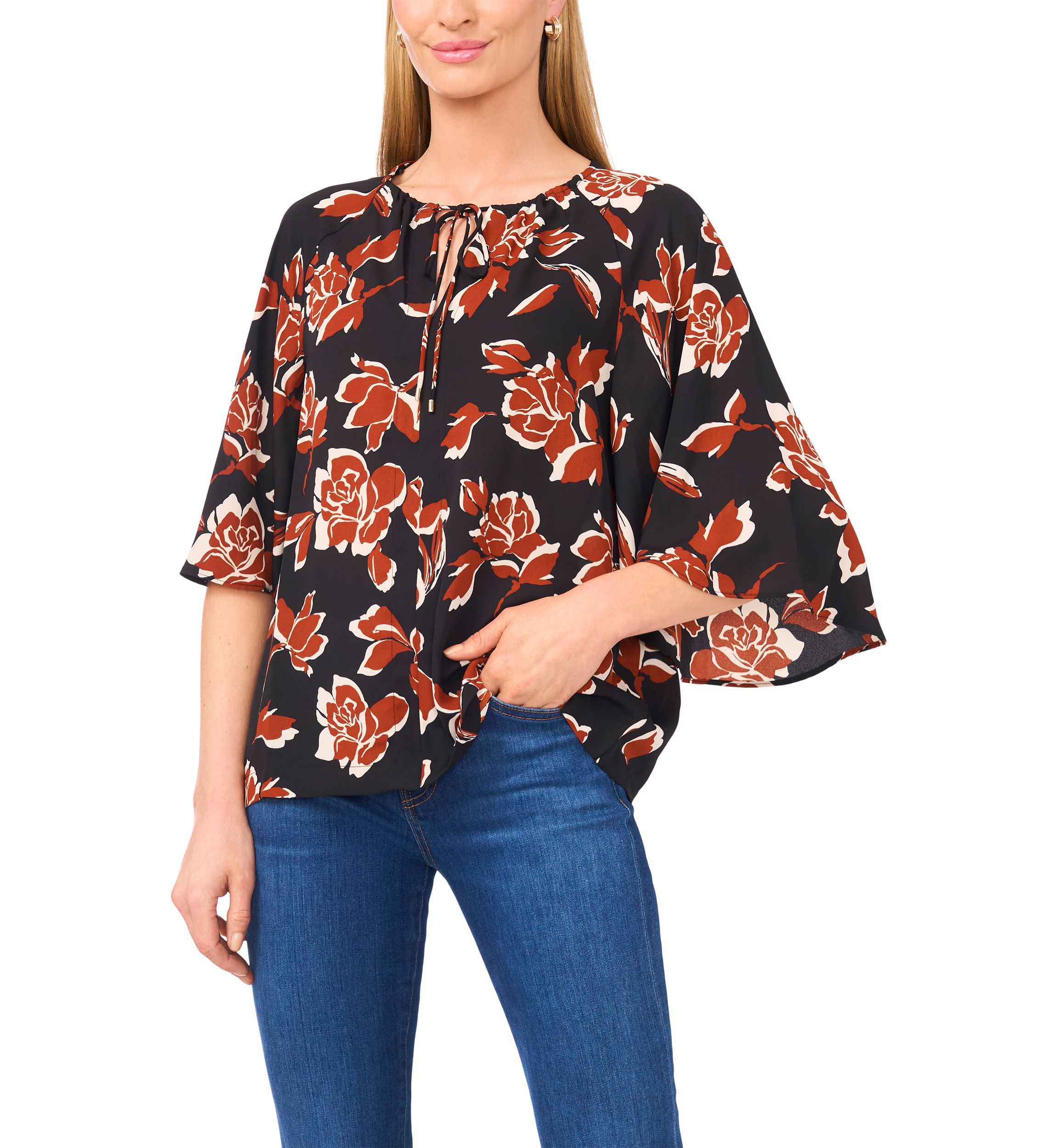 Womens 3/4 Bell Sleeve Tie Neck Blouse