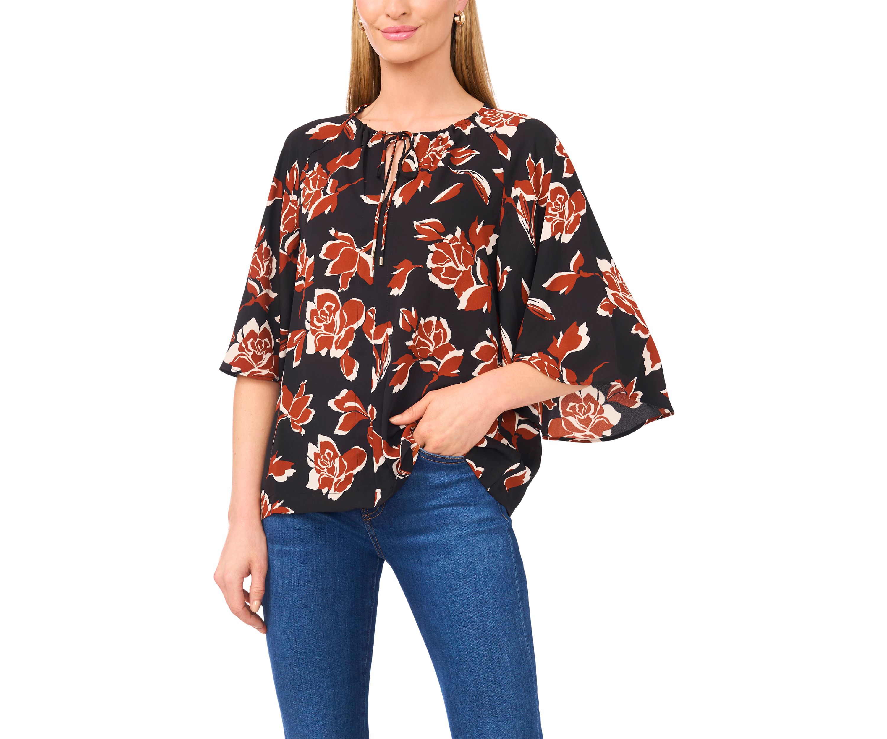 Womens 3/4 Bell Sleeve Tie Neck Blouse