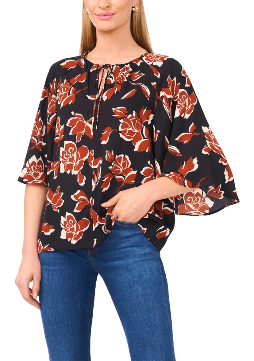 Womens 3/4 Bell Sleeve Tie Neck Blouse
