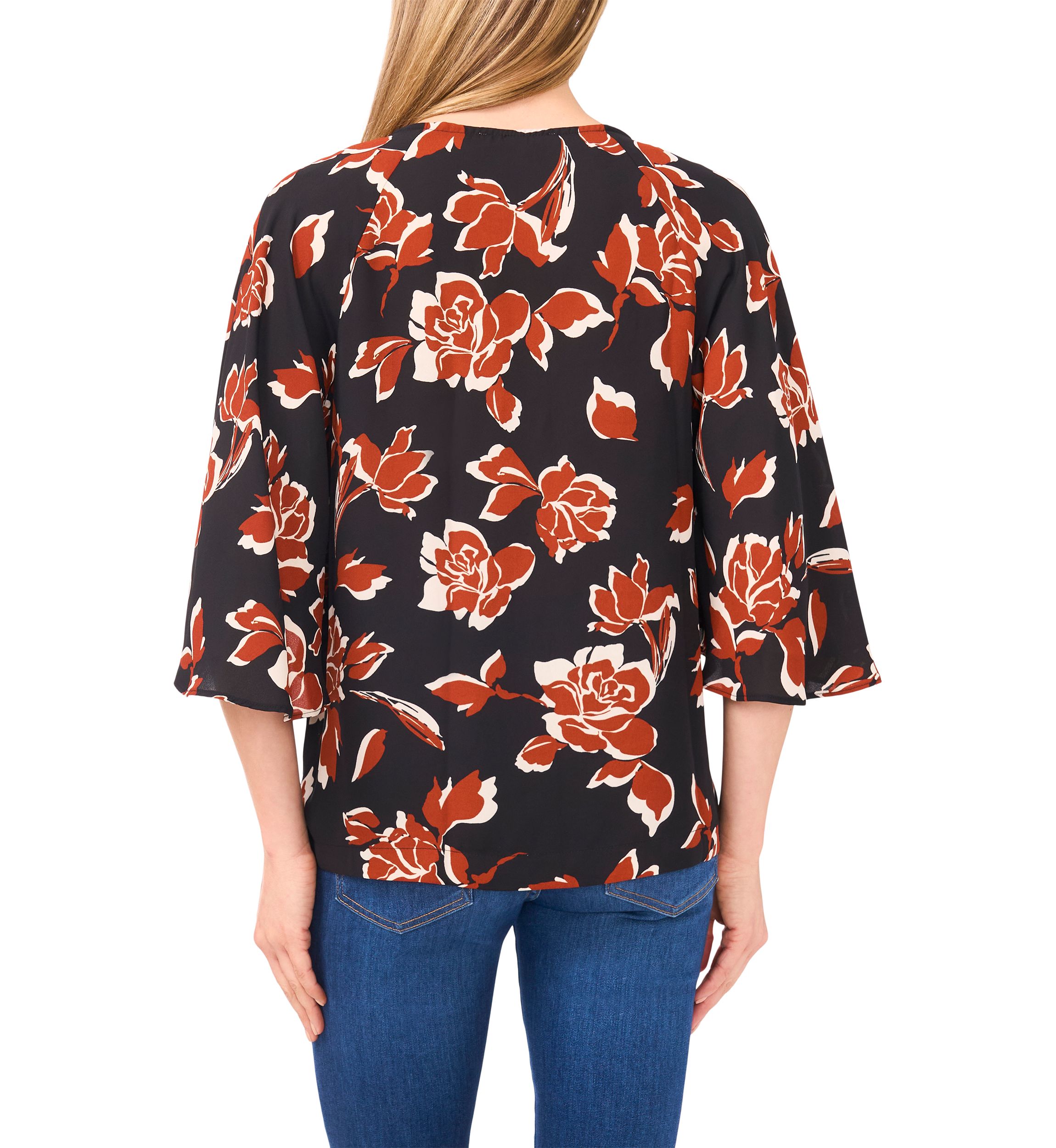 Womens 3/4 Bell Sleeve Tie Neck Blouse