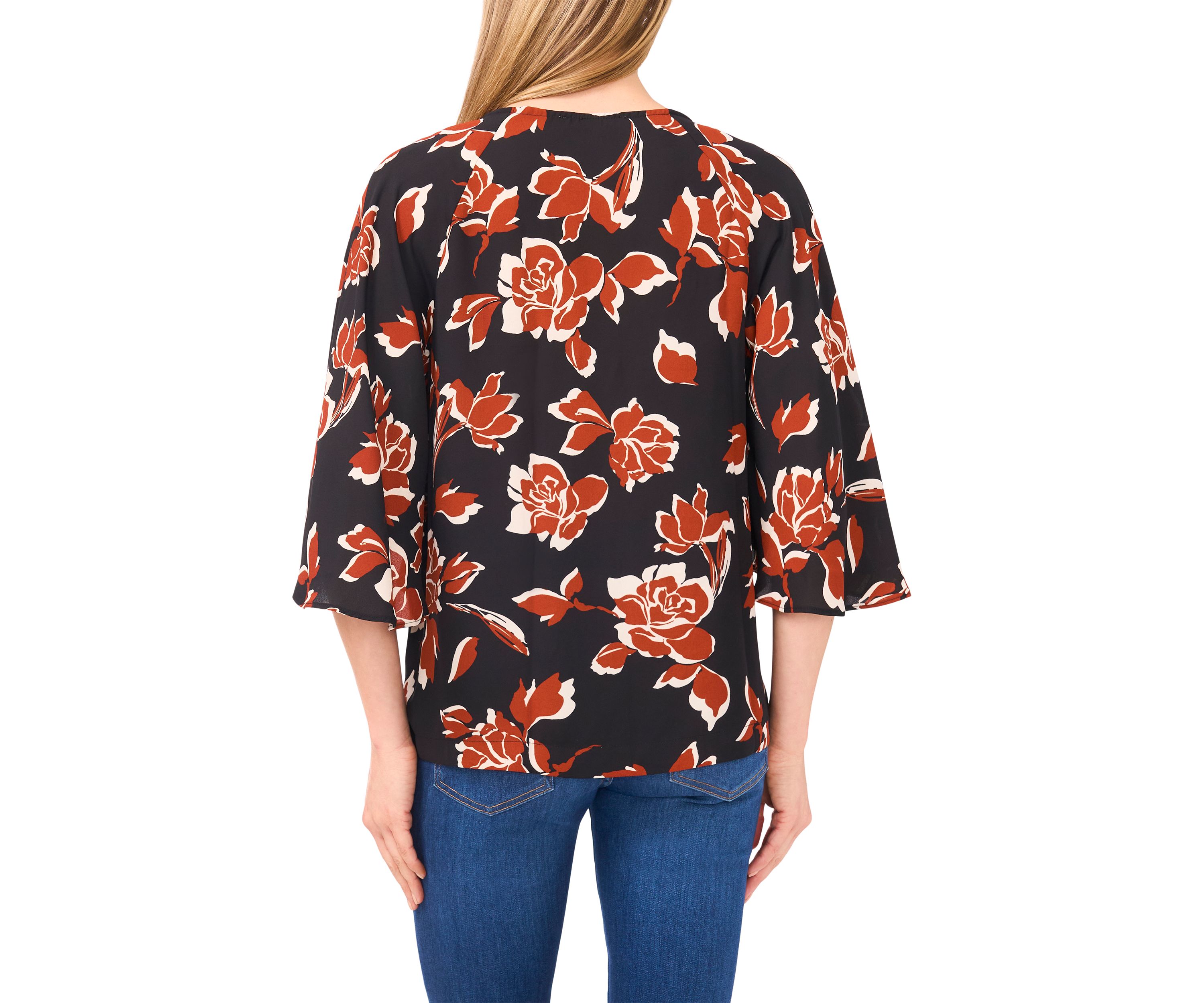 Womens 3/4 Bell Sleeve Tie Neck Blouse