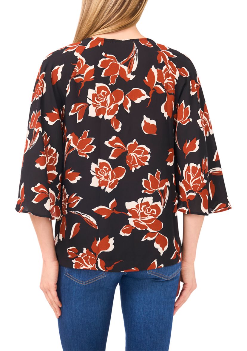 Womens 3/4 Bell Sleeve Tie Neck Blouse
