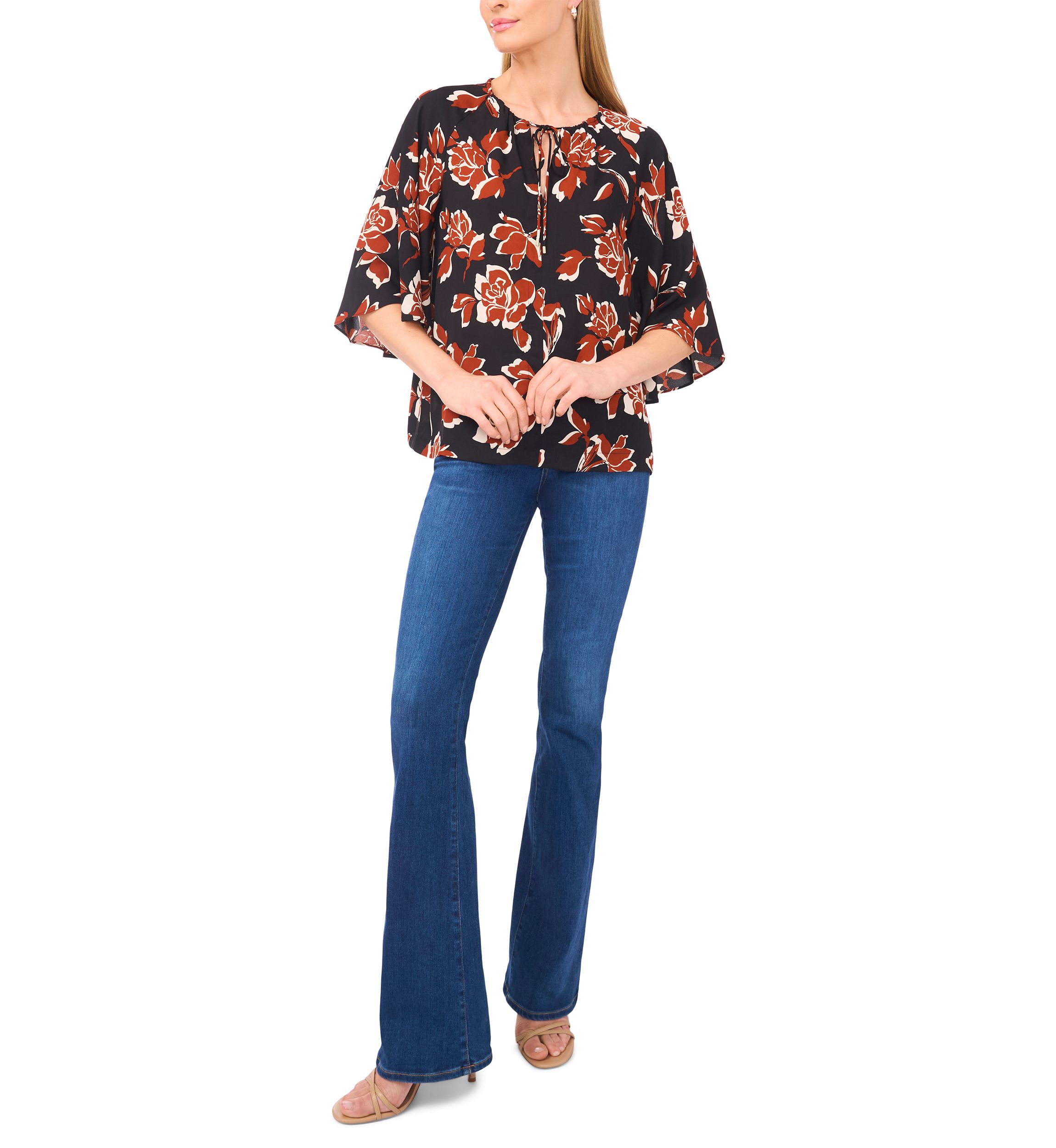 Womens 3/4 Bell Sleeve Tie Neck Blouse