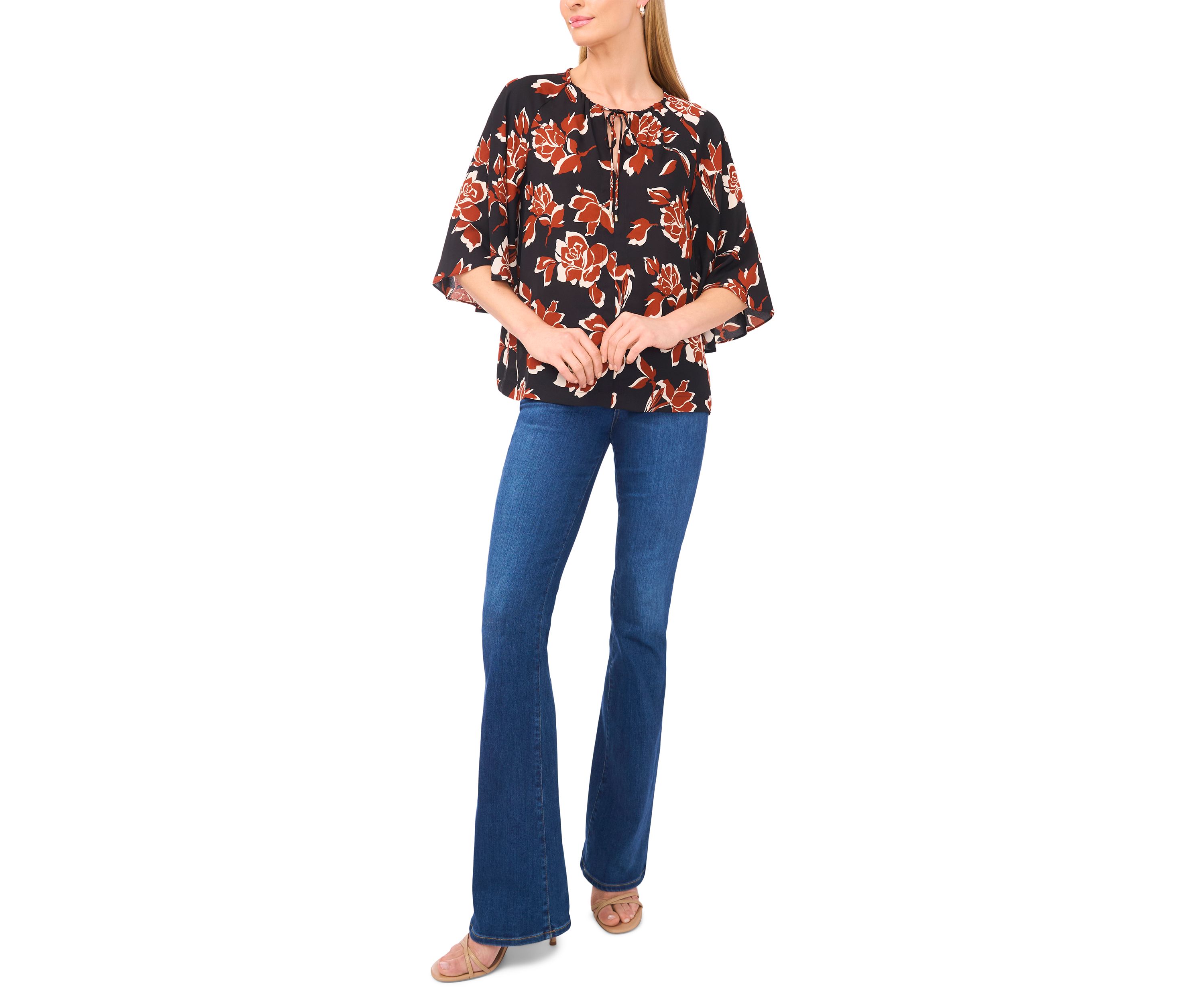 Womens 3/4 Bell Sleeve Tie Neck Blouse