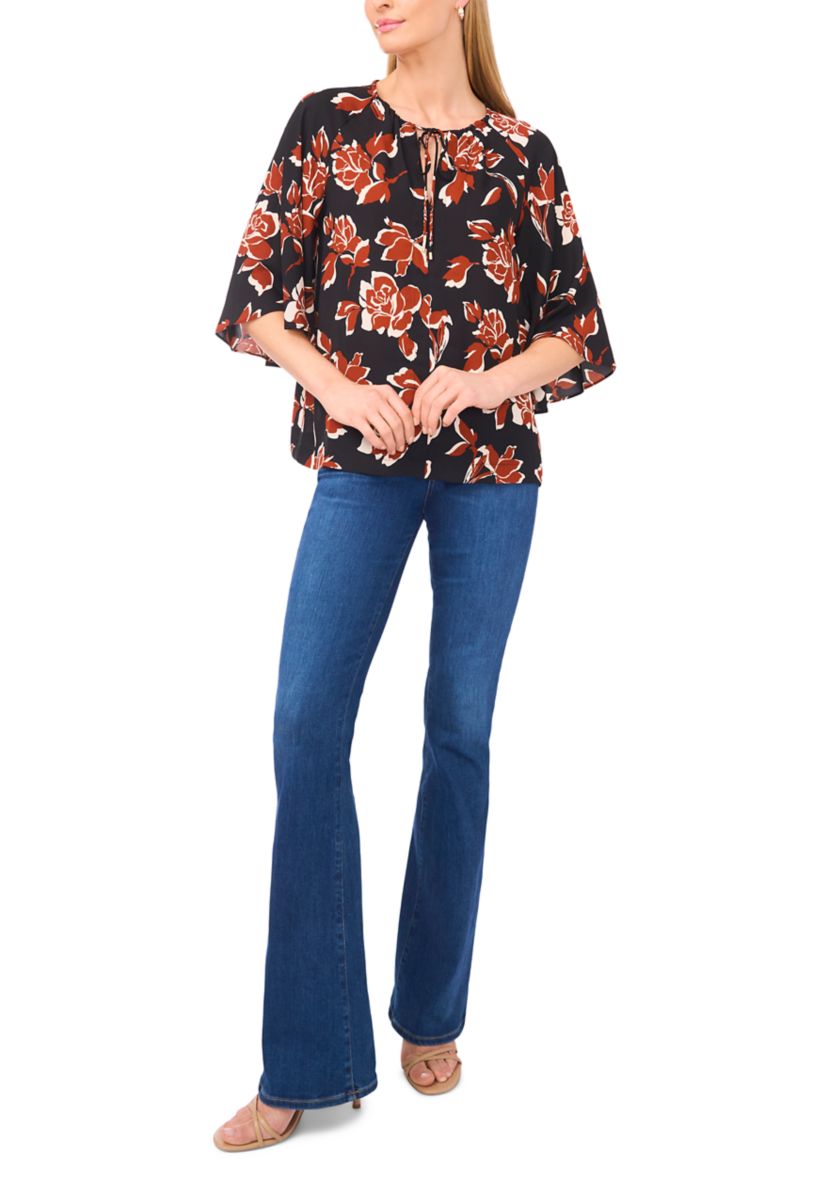 Womens 3/4 Bell Sleeve Tie Neck Blouse