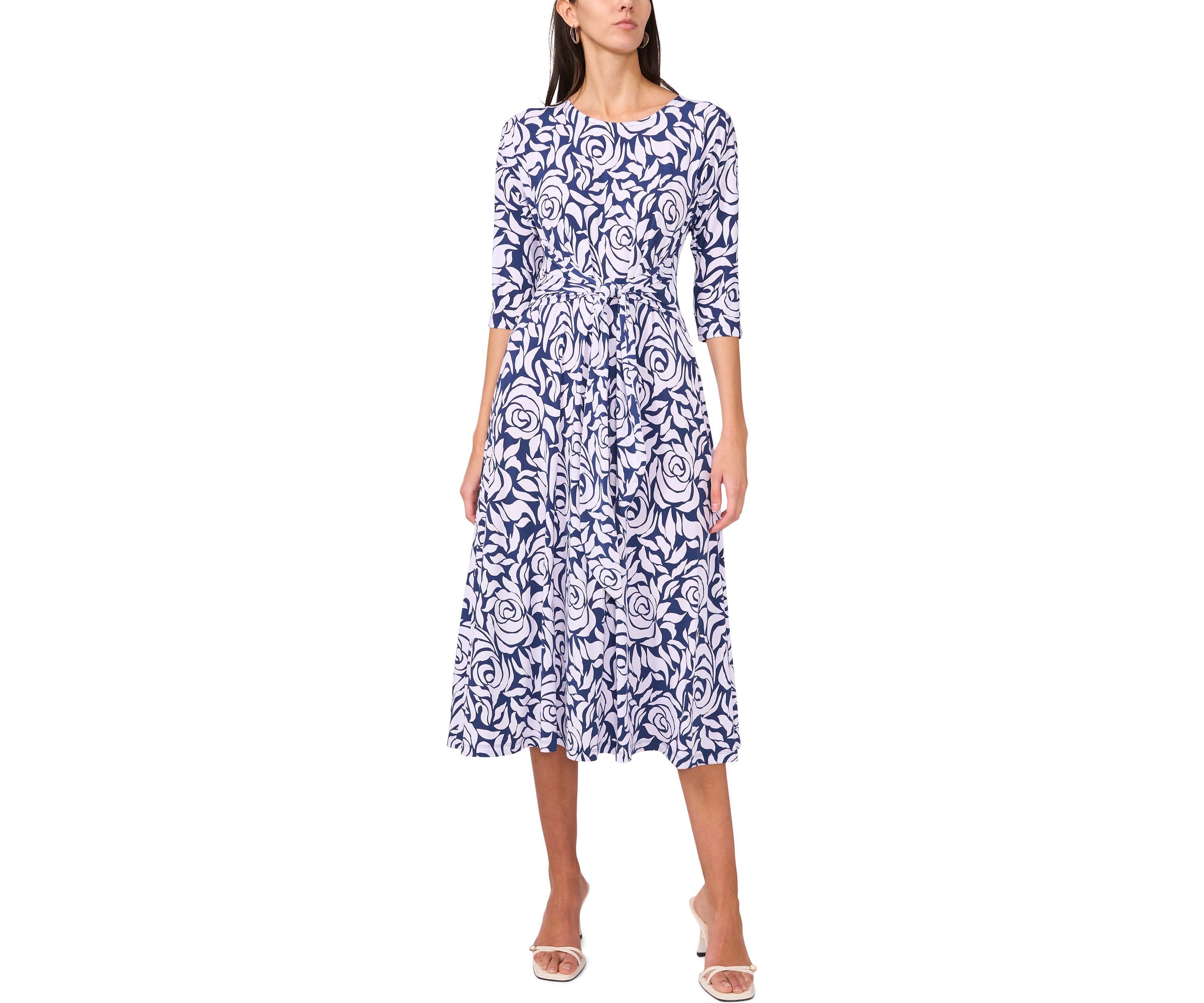 Womens 3/4 Sleeve Tie Waist Midi Dress 