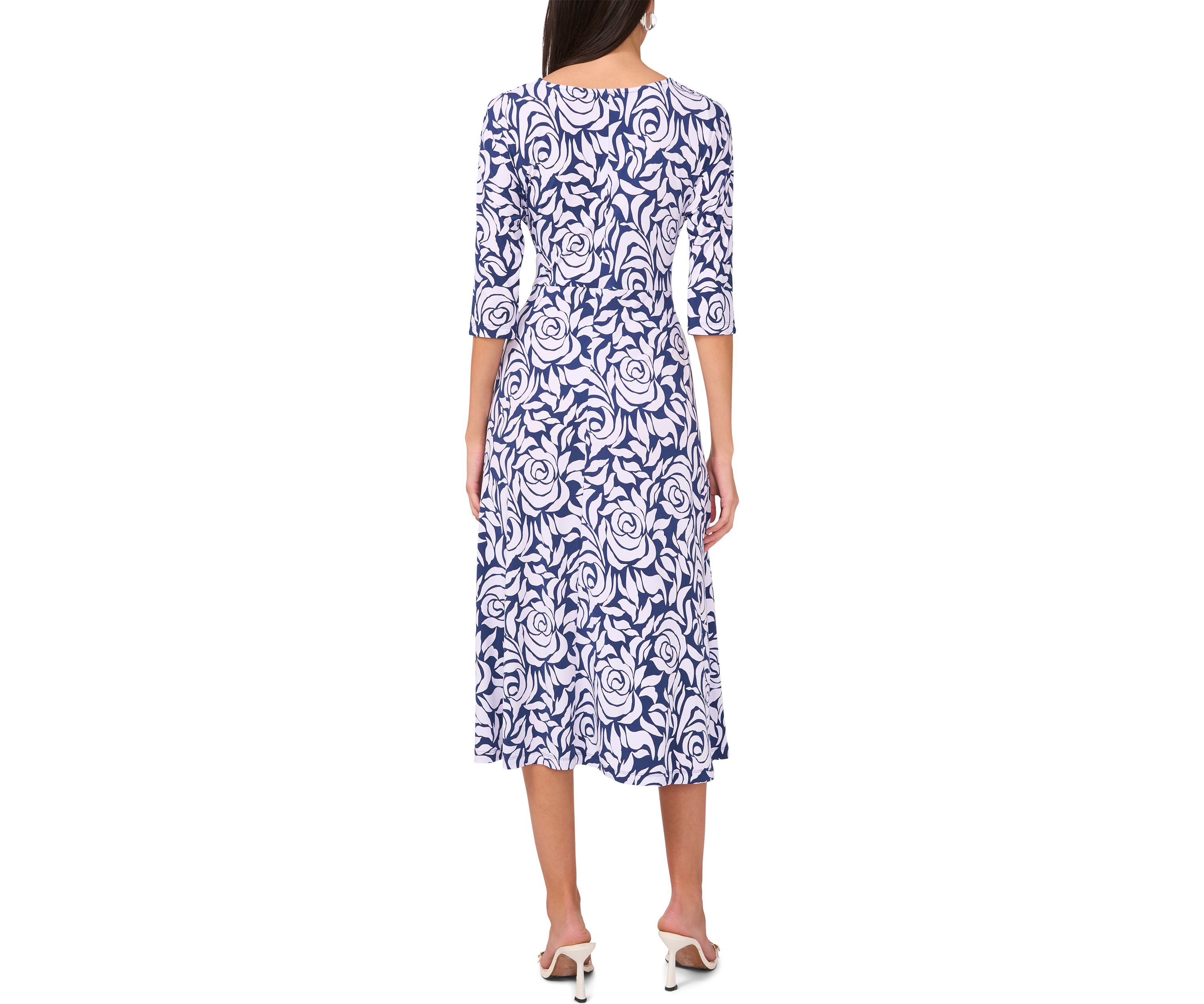 Womens 3/4 Sleeve Tie Waist Midi Dress 