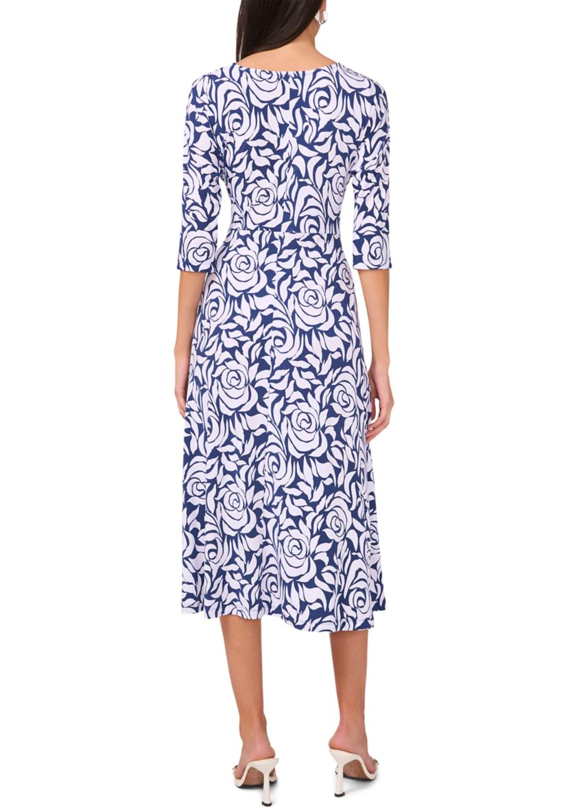 Womens 3/4 Sleeve Tie Waist Midi Dress 