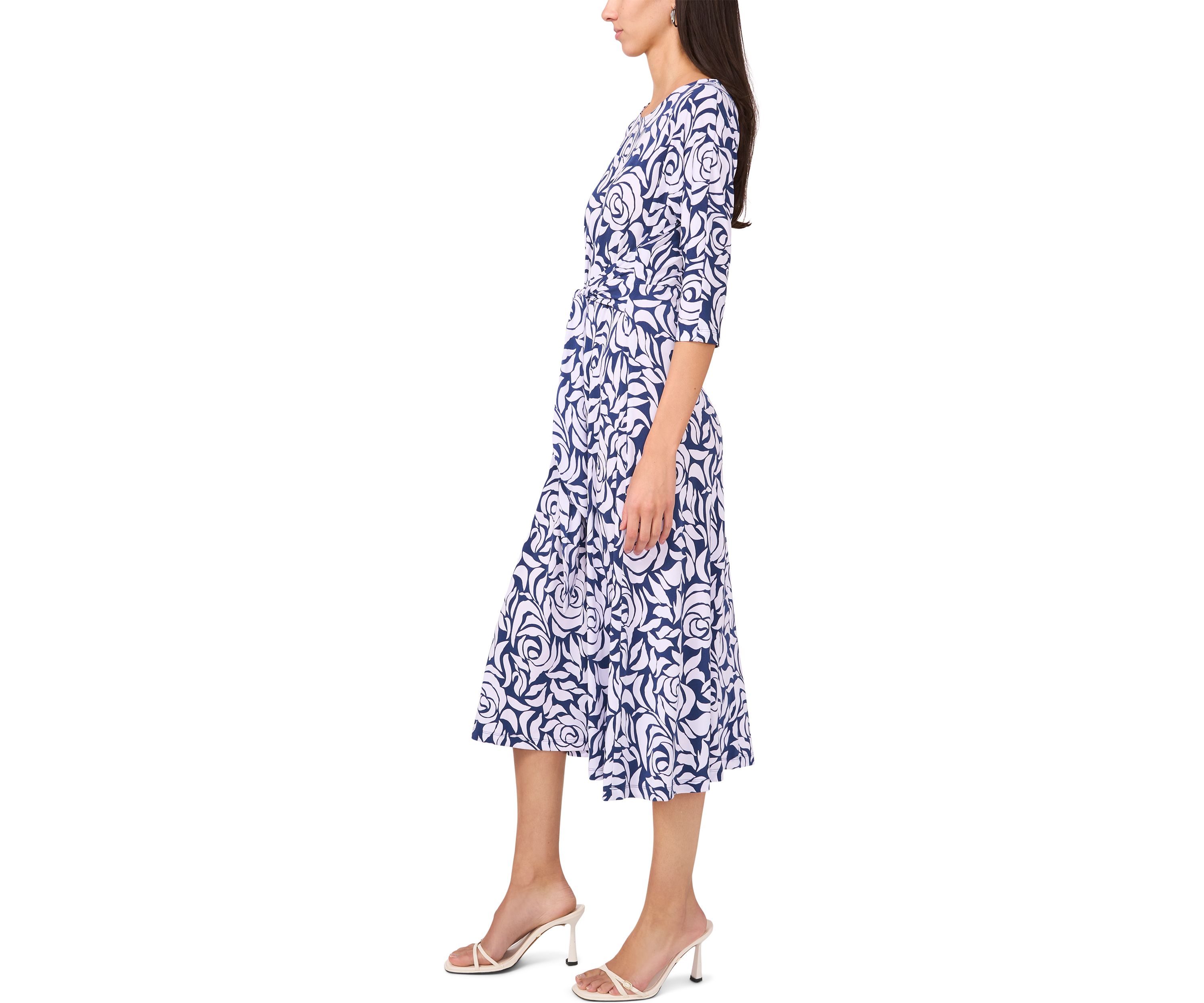 Womens 3/4 Sleeve Tie Waist Midi Dress 