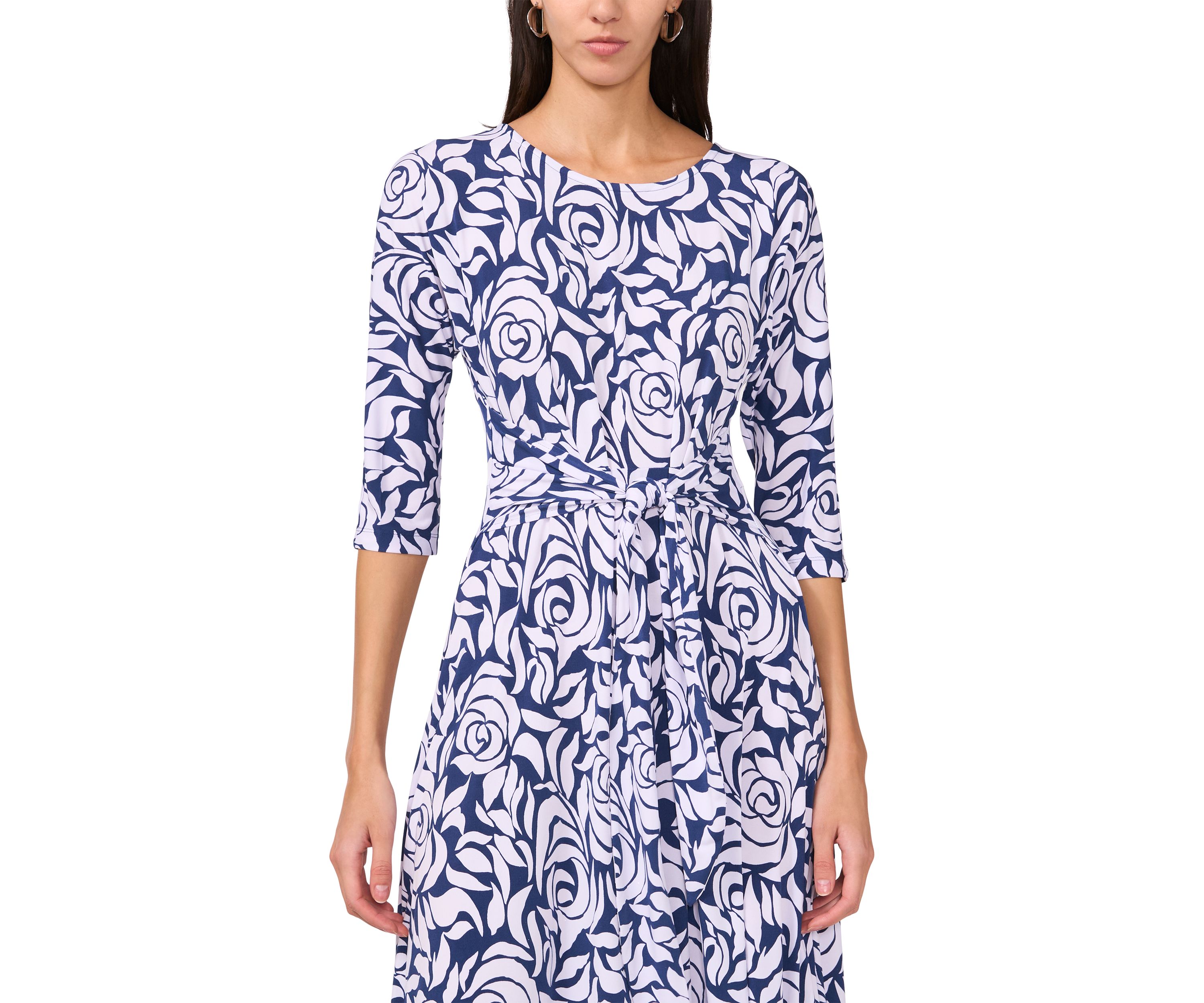 Womens 3/4 Sleeve Tie Waist Midi Dress 