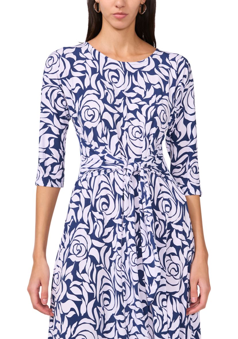 Womens 3/4 Sleeve Tie Waist Midi Dress 
