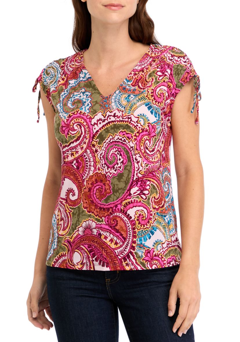 Womens Cap Sleeve Ruched Shoulder Top