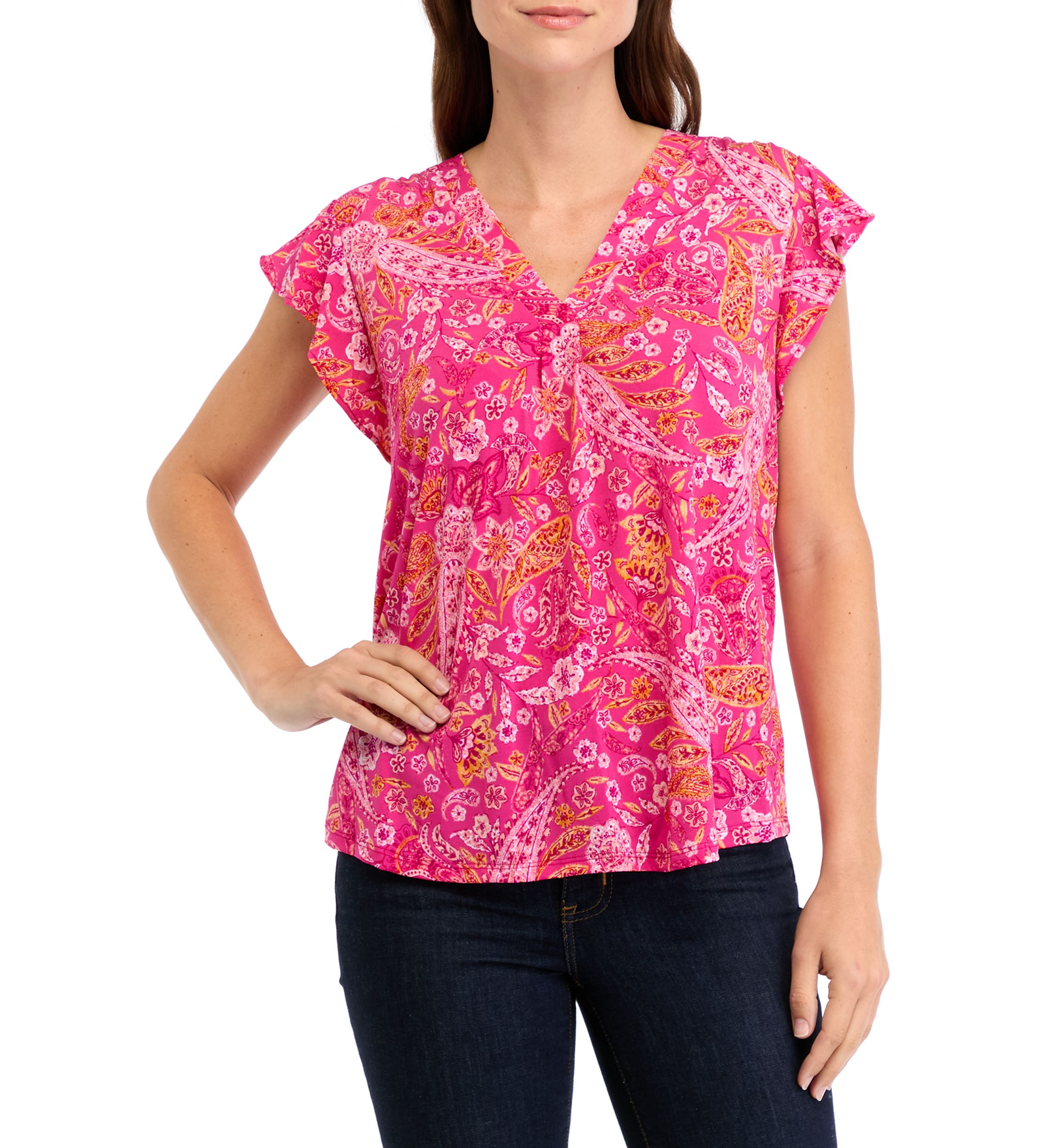 Womens V-Neck Flutter Sleeve Top
