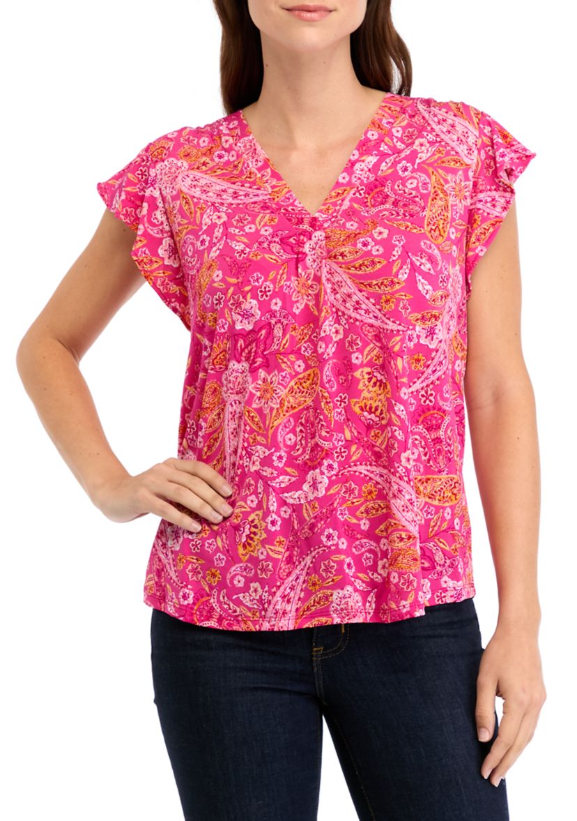 Womens V-Neck Flutter Sleeve Top