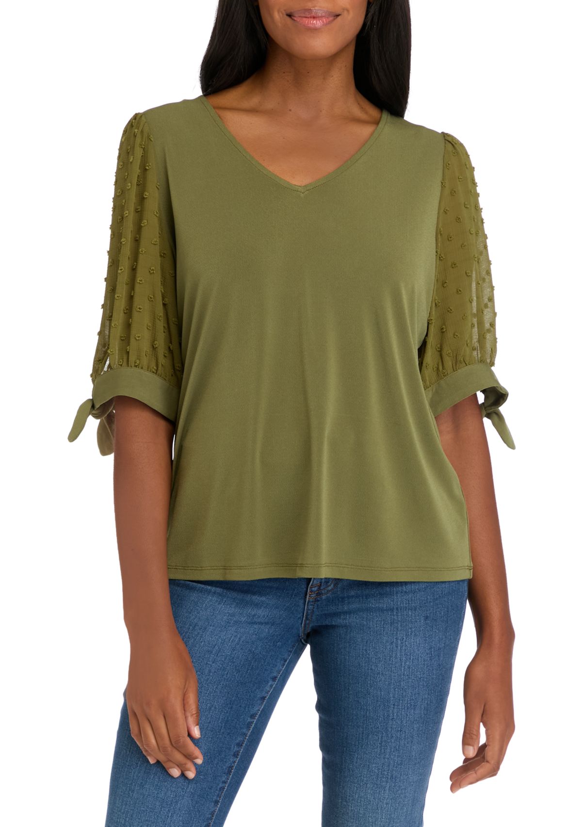 Womens Tie Sleeve Mixed Media Top 