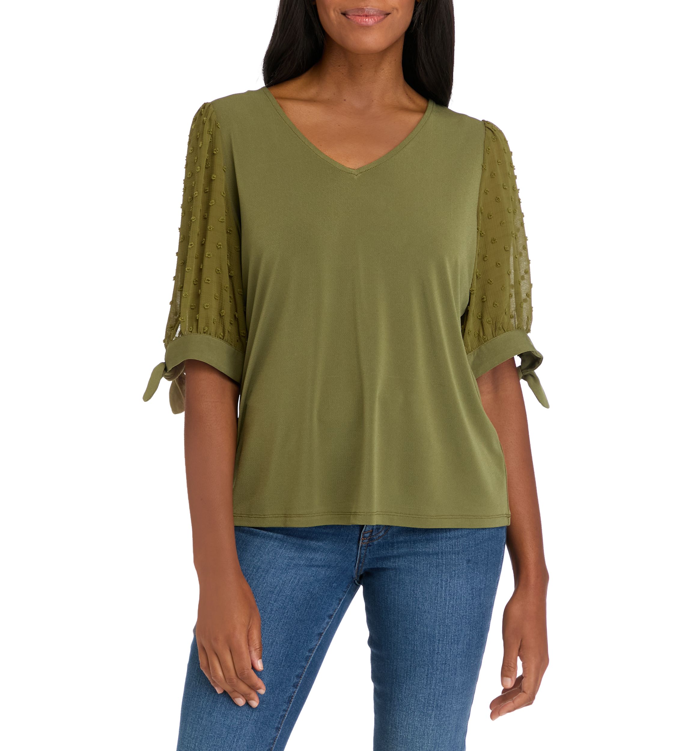 Womens Tie Sleeve Mixed Media Top 