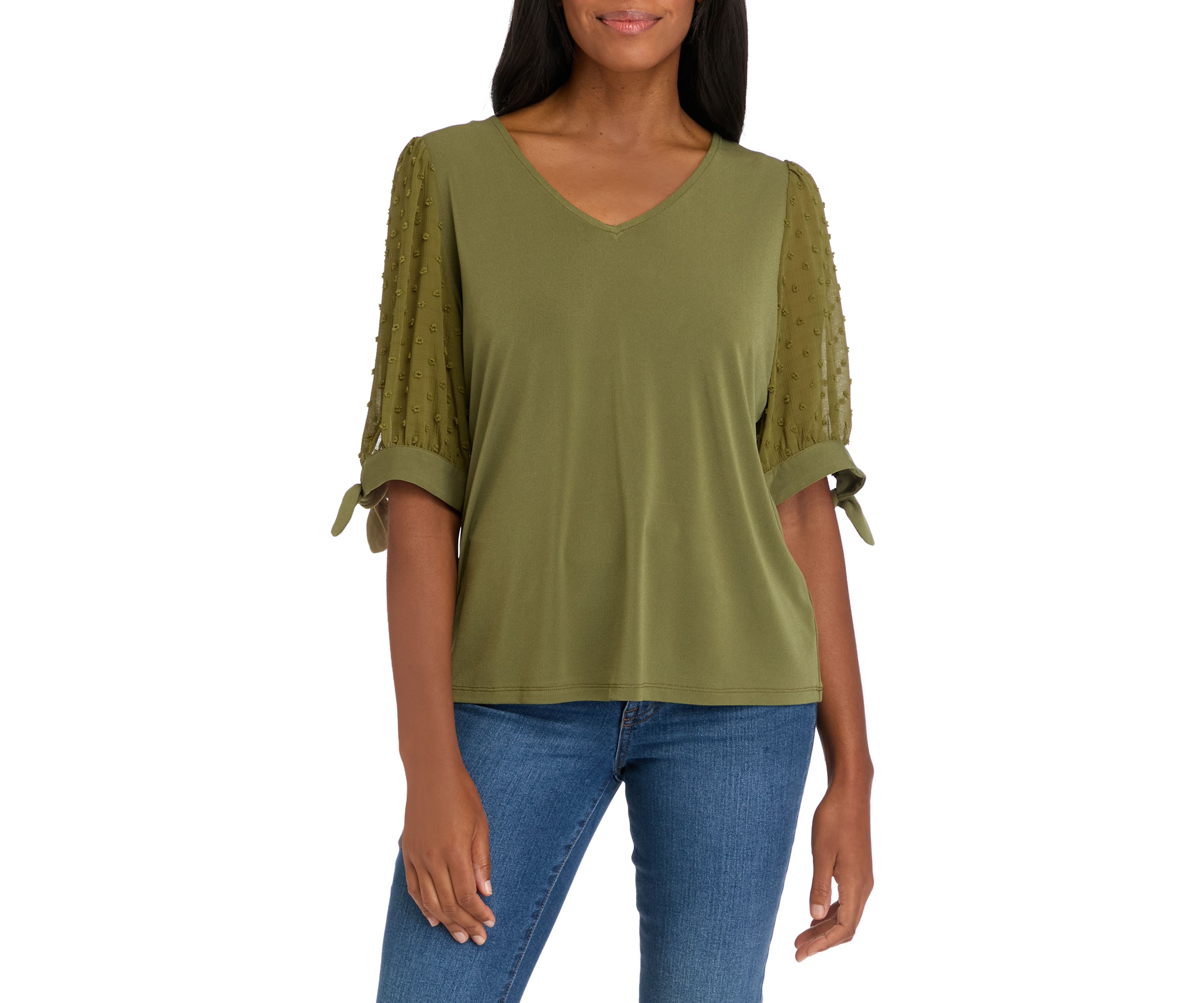 Womens Tie Sleeve Mixed Media Top 