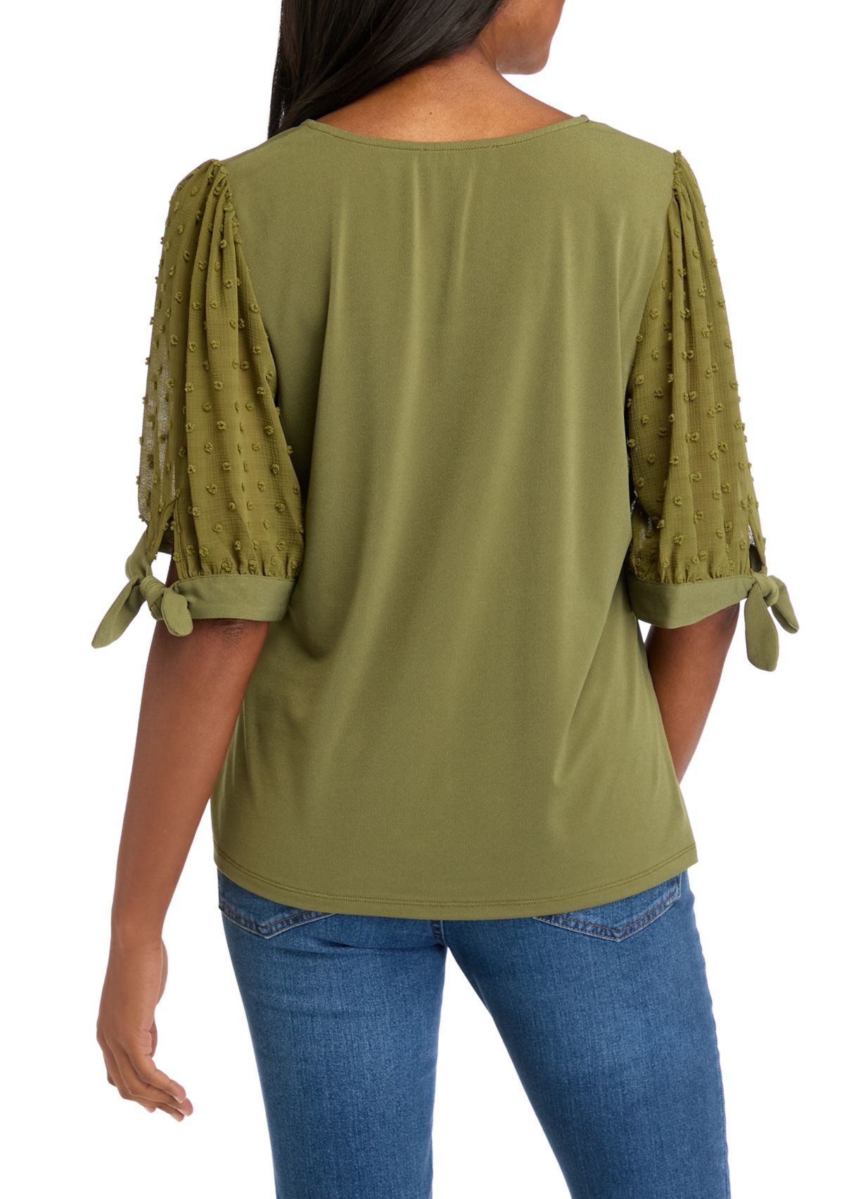 Womens Tie Sleeve Mixed Media Top 