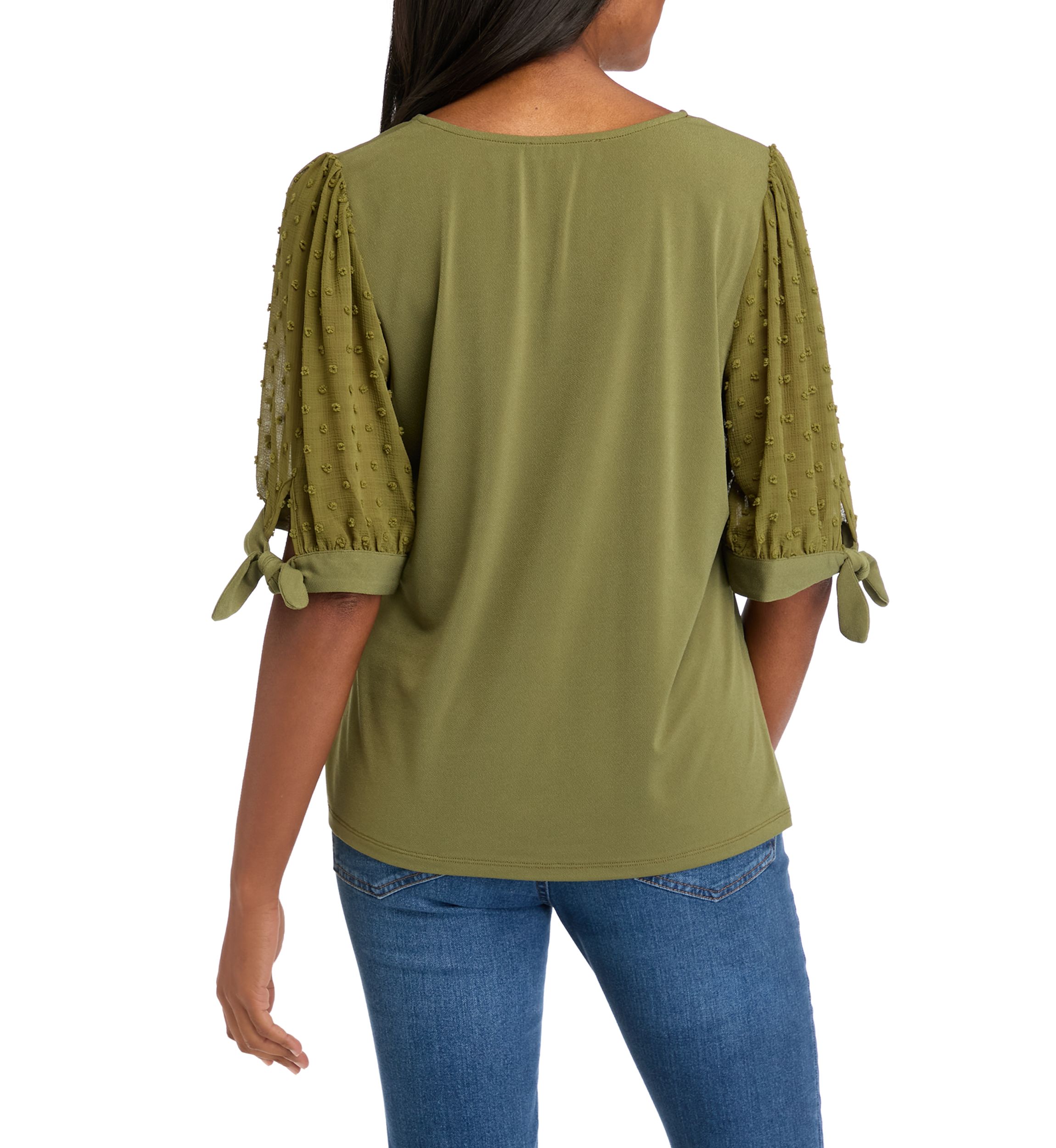 Womens Tie Sleeve Mixed Media Top 