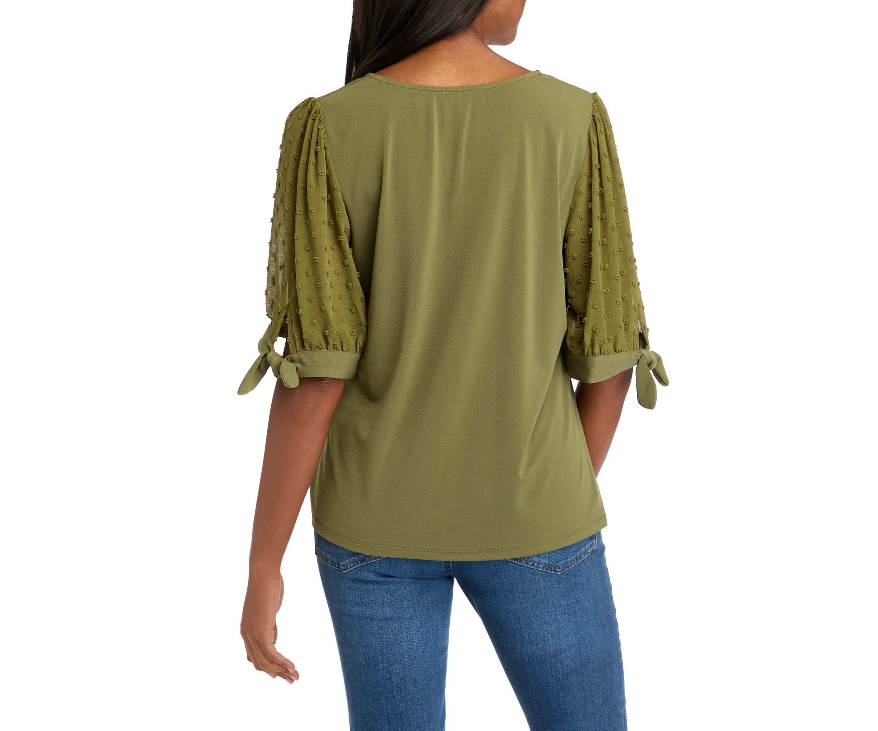 Womens Tie Sleeve Mixed Media Top 