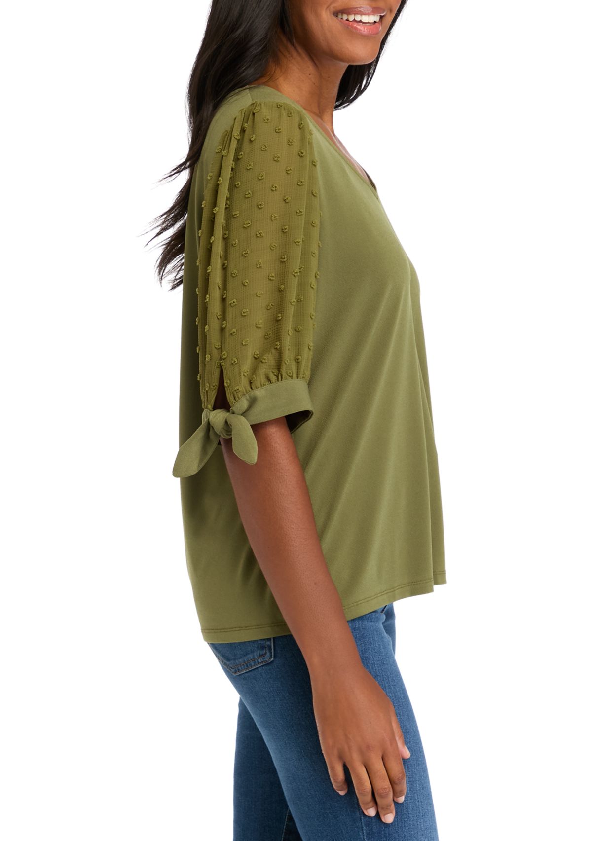 Womens Tie Sleeve Mixed Media Top 