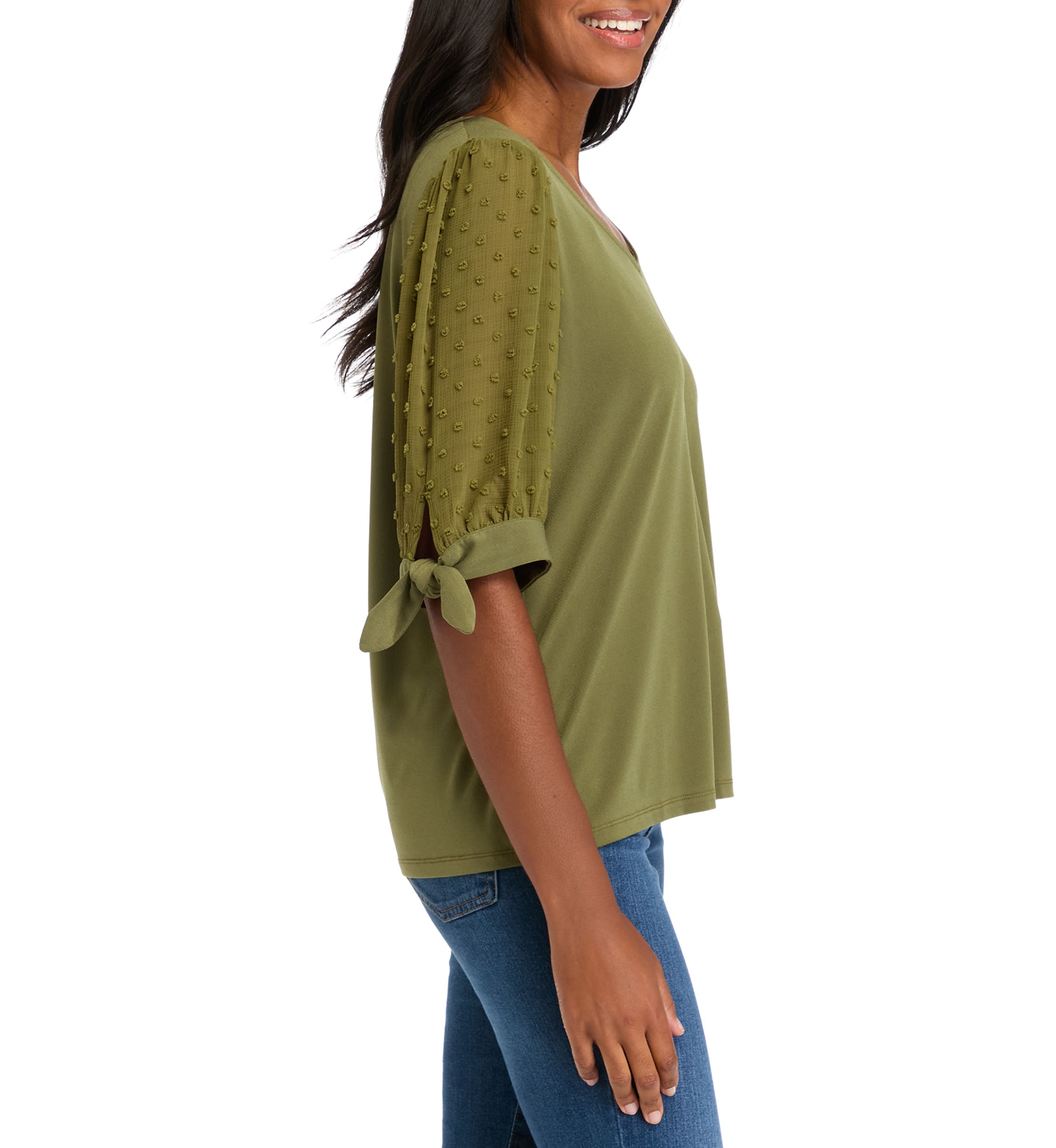 Womens Tie Sleeve Mixed Media Top 