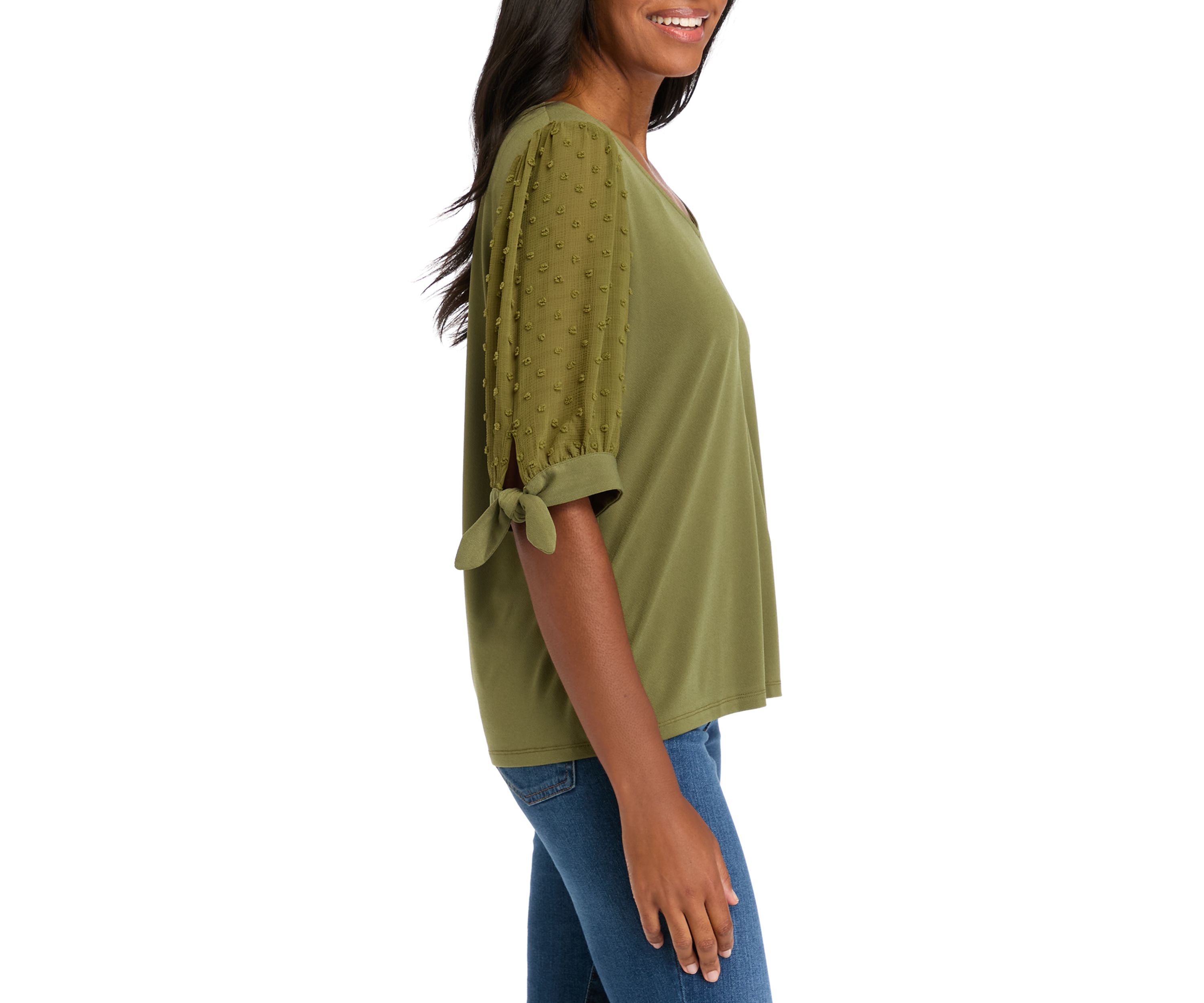 Womens Tie Sleeve Mixed Media Top 
