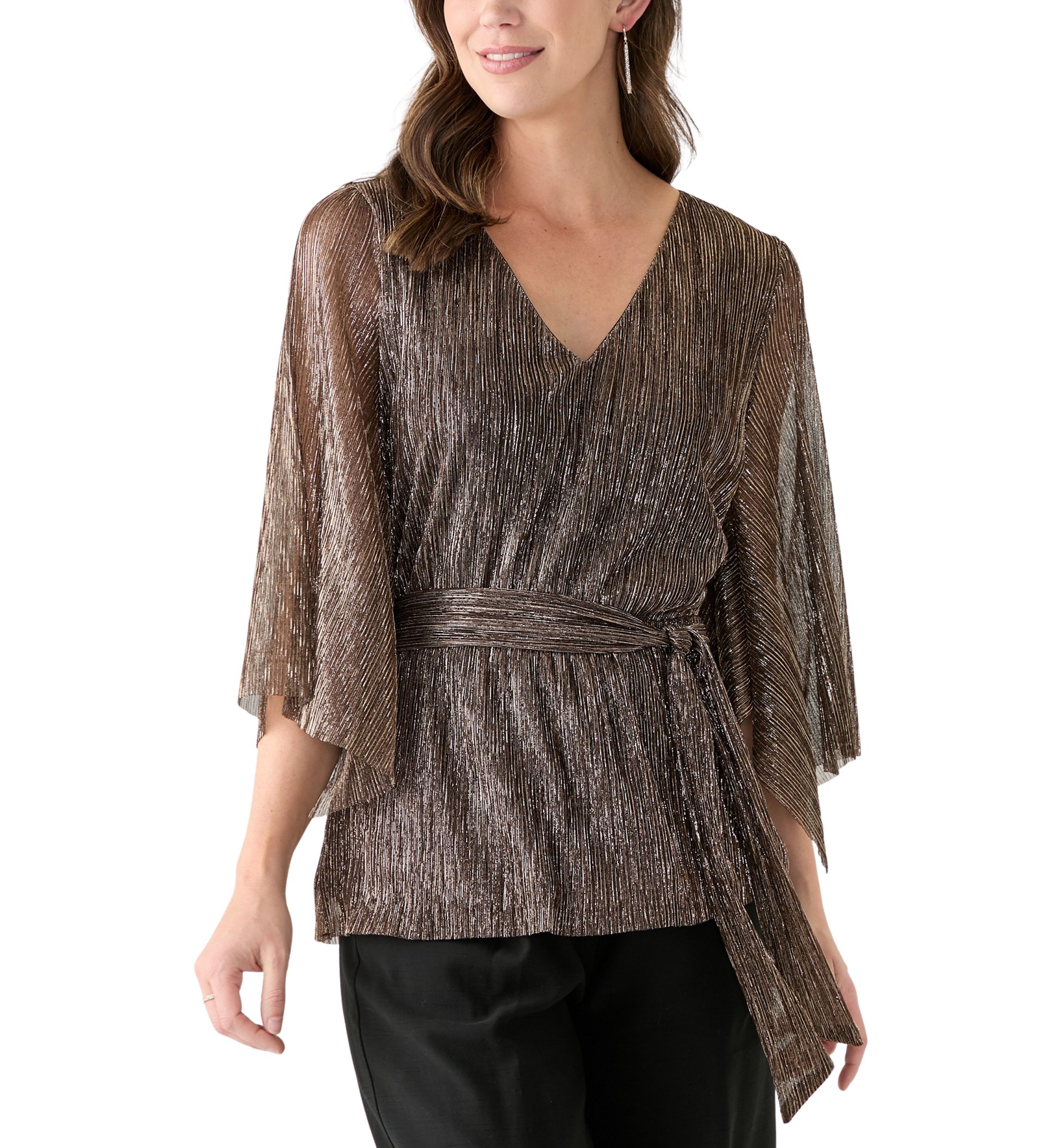 Womens 3/4 Sleeve Tie Waist Lame Top
