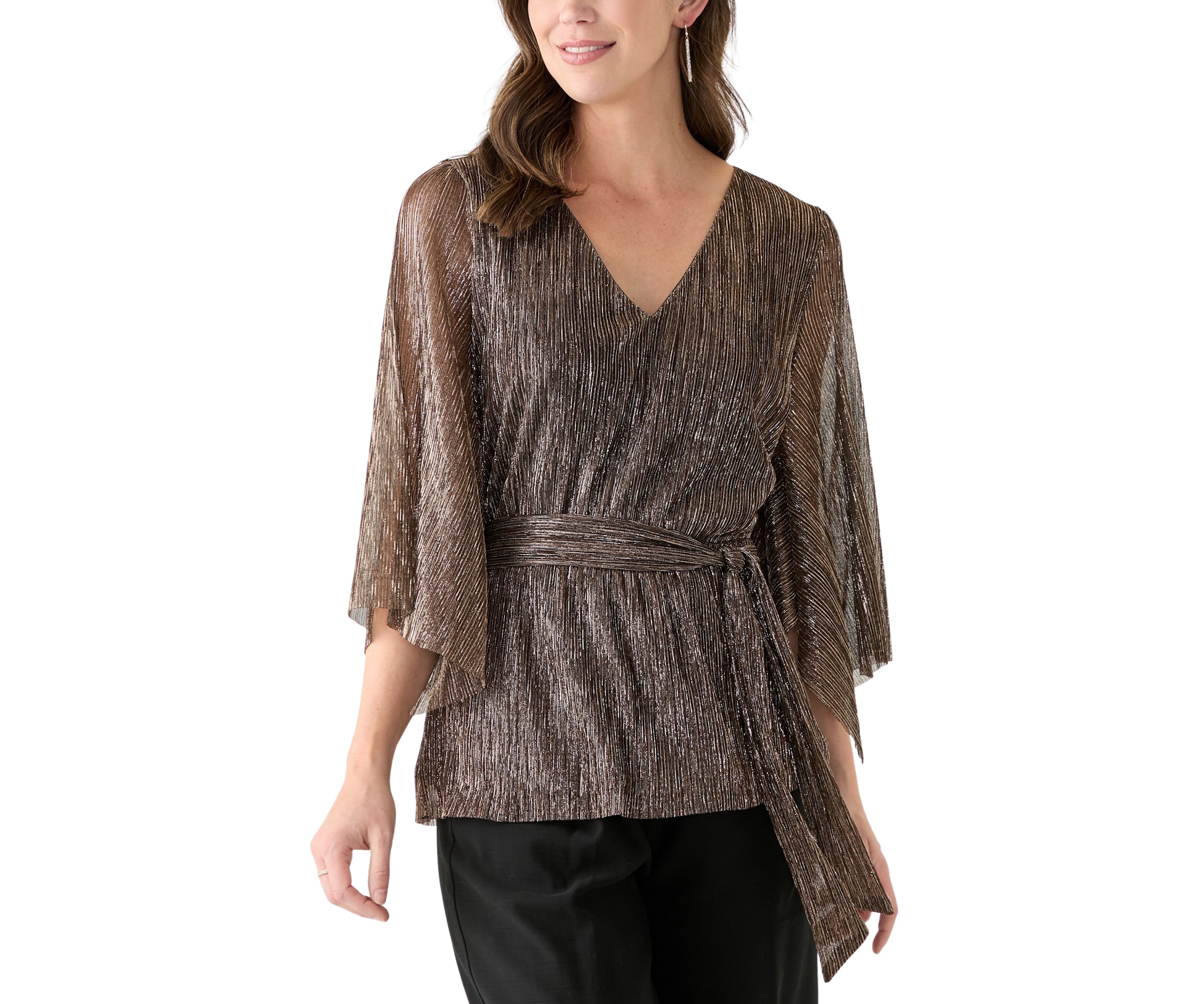 Womens 3/4 Sleeve Tie Waist Lame Top