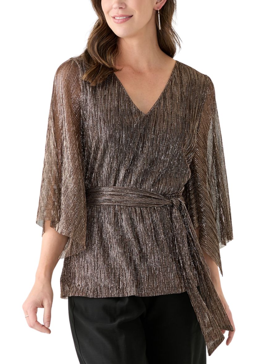 Womens 3/4 Sleeve Tie Waist Lame Top