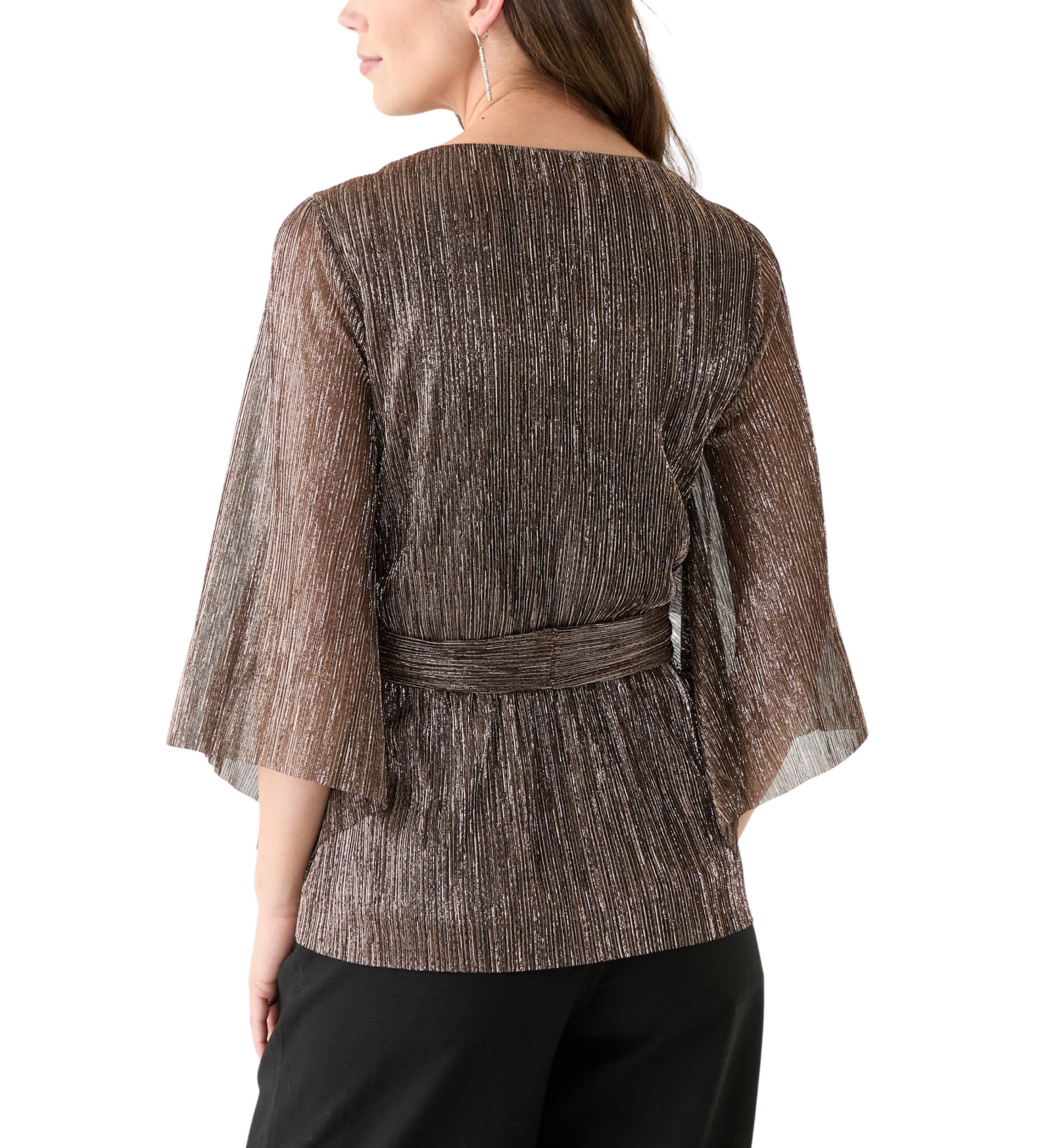 Womens 3/4 Sleeve Tie Waist Lame Top