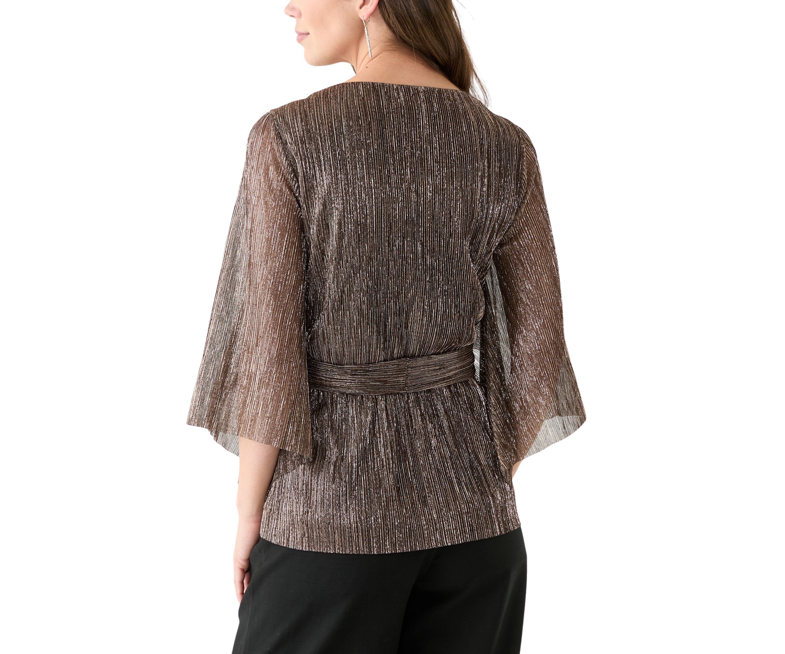 Womens 3/4 Sleeve Tie Waist Lame Top